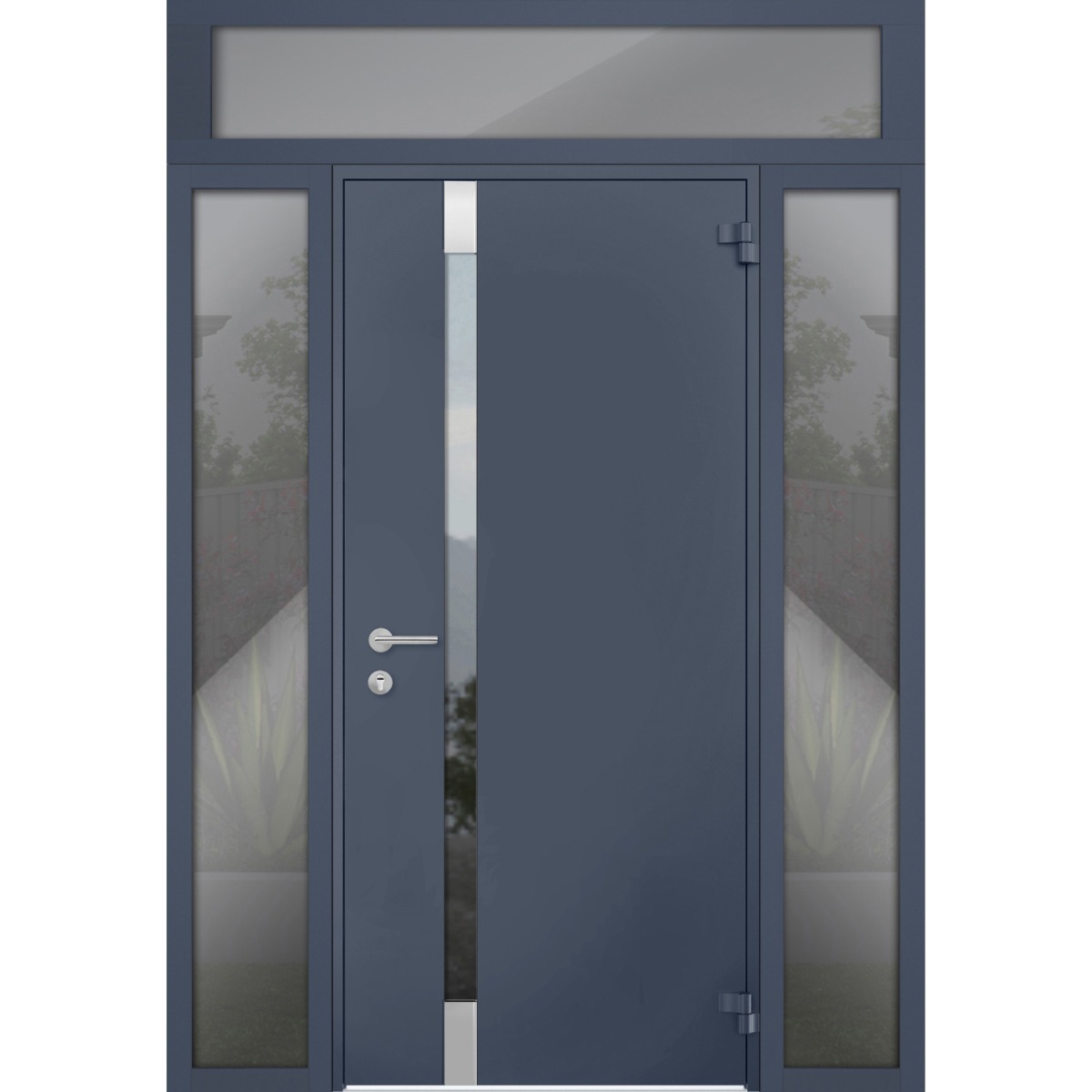 Front Exterior Prehung Steel Door / Cynex 6777 Black / 2 Sidelight and Transom Window / Stainless Inserts Single Modern Painted-W12+36+12" x H80+16"-Right-hand Outswing Gray Graphite