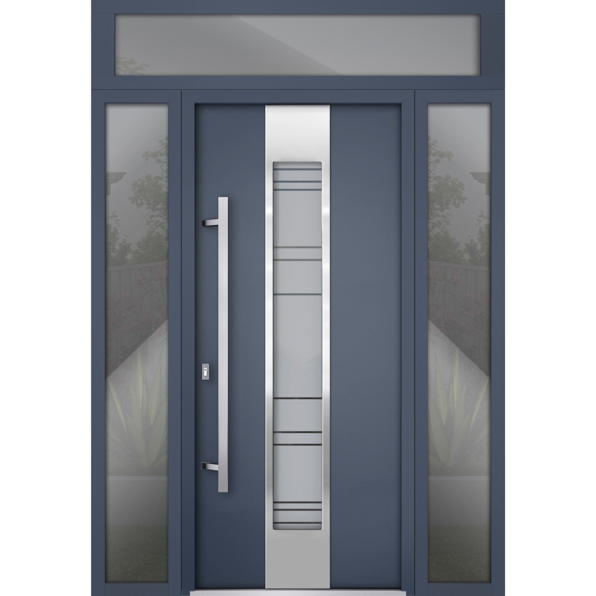 Front Exterior Prehung Steel Door / Deux 0757 Gray Graphite / 2 Sidelight and Transom Window / Stainless Inserts Single Modern Painted-W16+36+16" x H80+16"-Right-hand Inswing Gray Graphite
