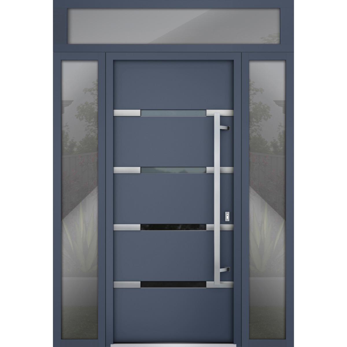 Front Exterior Prehung Steel Door / Deux 1105 Black Enamel / 2 Sidelight and Transom Window Sidelite / Stainless Inserts Entry Metal Modern Painted W16+36+16" x H80+16" Left hand Inswing Gray Graphite