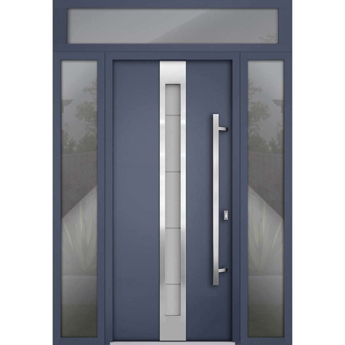 Front Exterior Prehung Steel Door / Deux 1717 Gray Graphite / 2 Sidelight and Transom Window / Stainless Inserts Single Modern Painted-W14+36+14" x H80+16"-Left-hand Outswing Gray Graphite