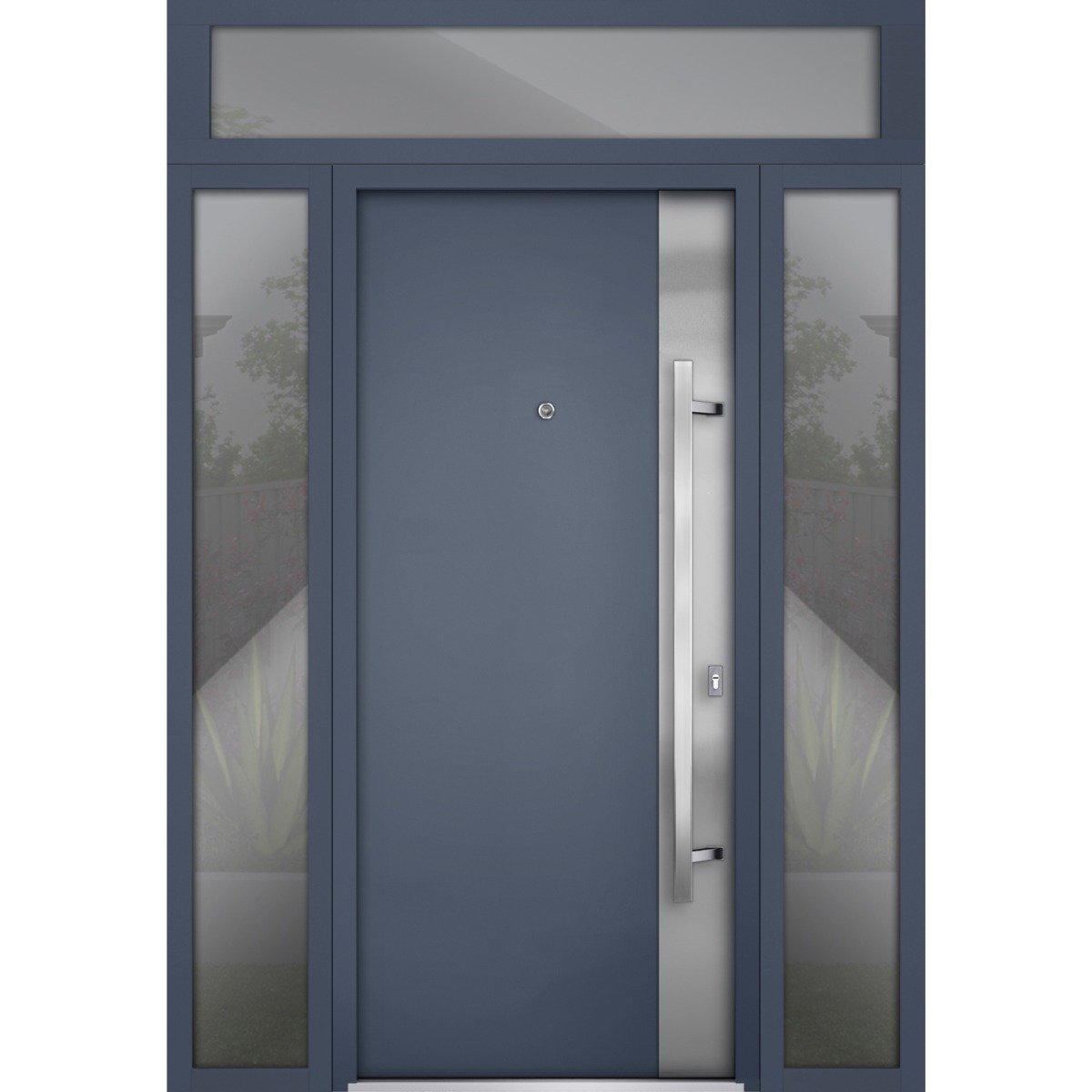 Front Exterior Prehung Steel Door / Deux 0729 Gray Graphite / 2 Sidelight and Transom Window / Stainless Inserts Single Modern Painted-W14+36+14" x H80+16"-Left-hand Inswing Gray Graphite