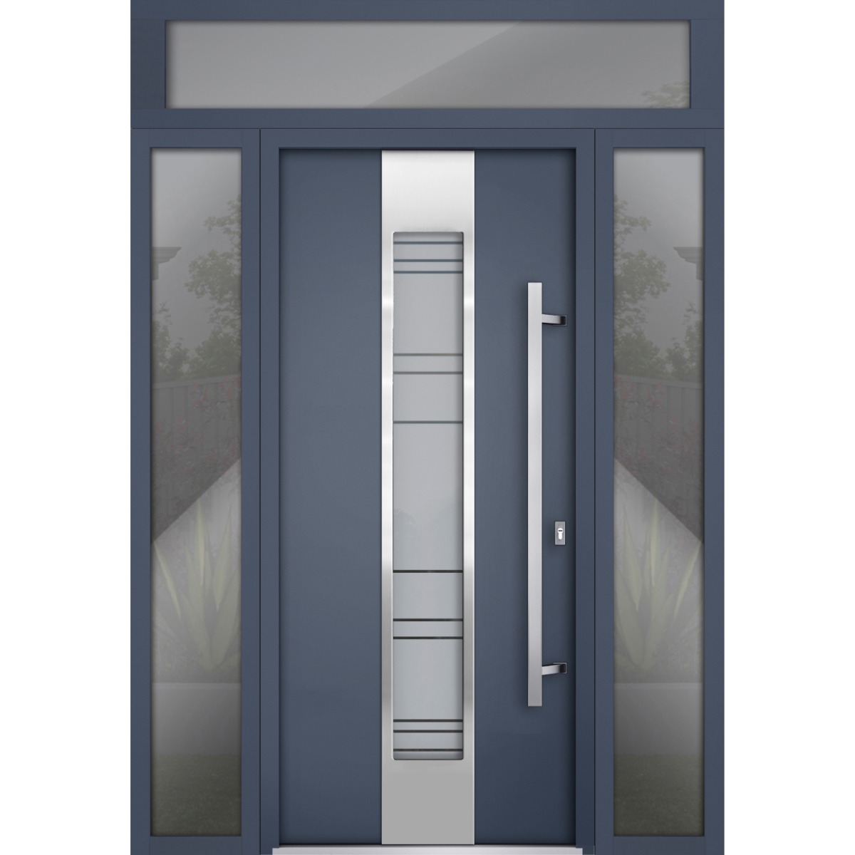 Front Exterior Prehung Steel Door / Deux 0757 Gray Graphite / 2 Sidelight and Transom Window / Stainless Inserts Single Modern Painted-W14+36+14" x H80+16"-Left-hand Inswing Gray Graphite