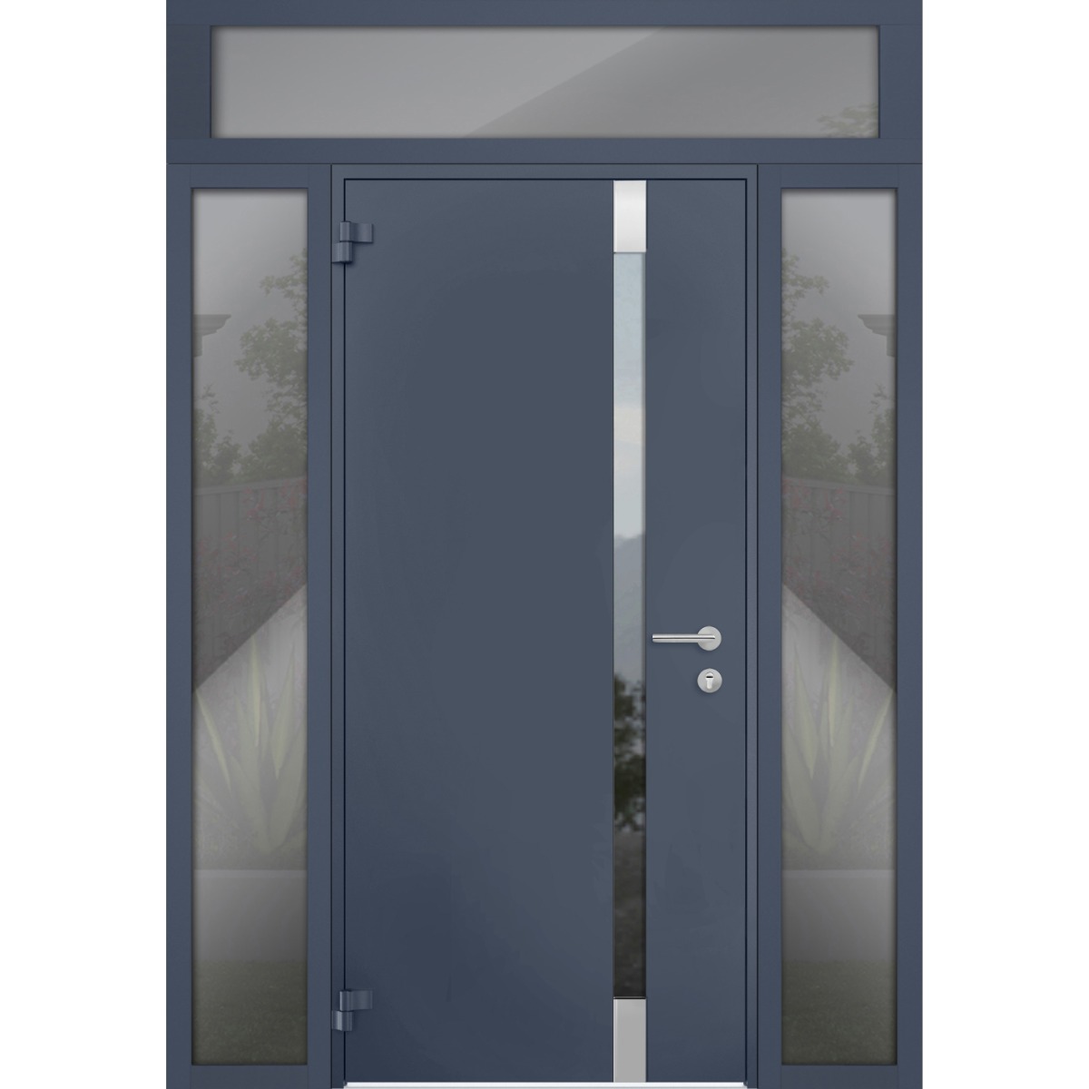Front Exterior Prehung Steel Door / Cynex 6777 Grey / 2 Sidelight and Transom Window / Stainless Inserts Single Modern Painted-W16+36+16" x H80+16"-Left-hand Outswing Gray Graphite