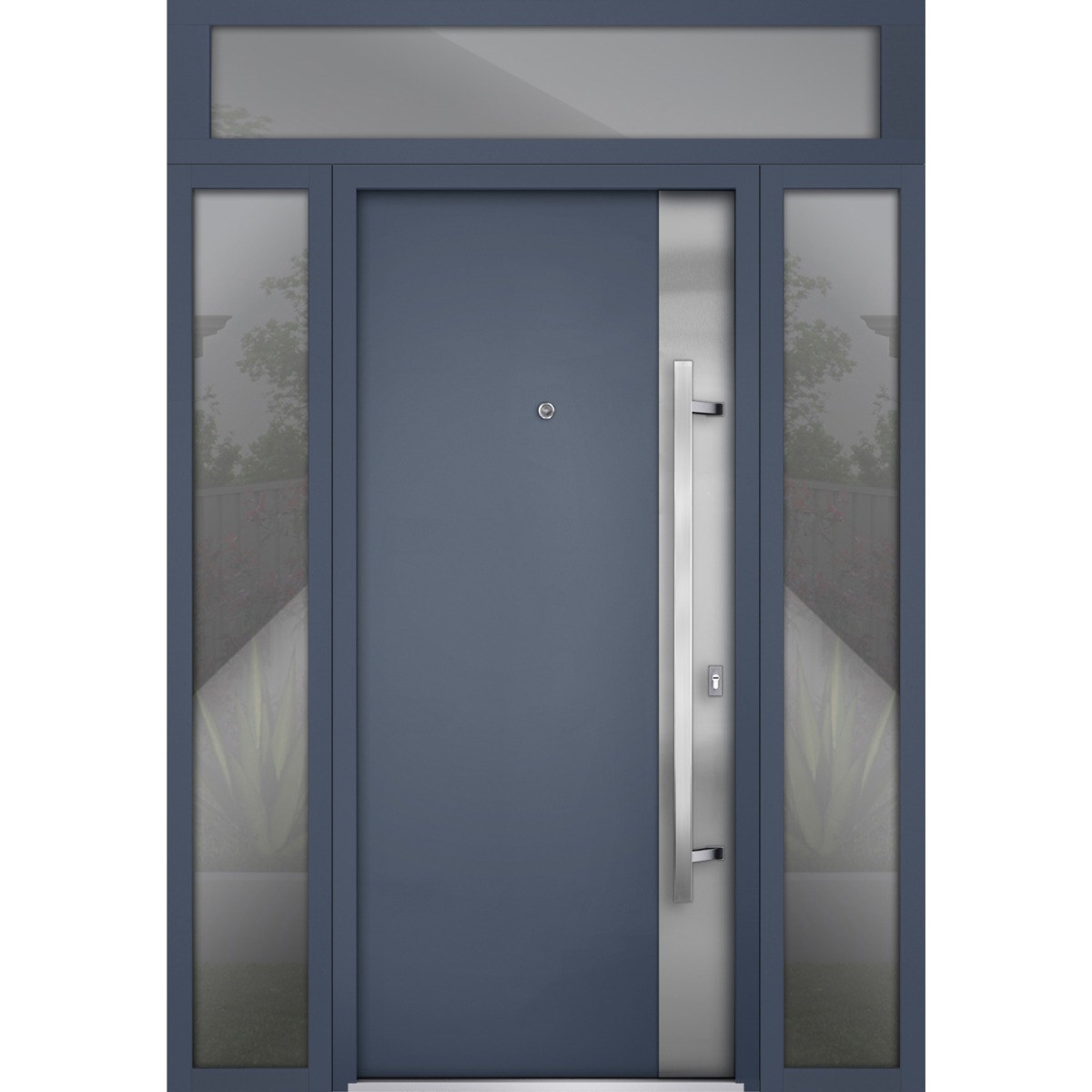 Front Exterior Prehung Steel Door / Deux 0729 Gray Graphite / 2 Sidelight and Transom Window / Stainless Inserts Single Modern Painted-W16+36+16" x H80+16"-Left-hand Inswing Gray Graphite
