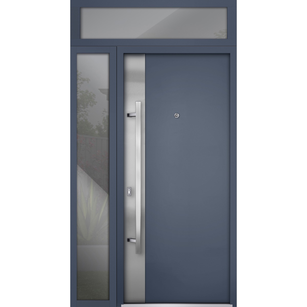 Front Exterior Prehung Steel Door / Deux 0729 Gray Graphite / Sidelight and Transom Window / Stainless Inserts Single Modern Painted-W36+14" x H80+16"-Right-hand Inswing Gray Graphite