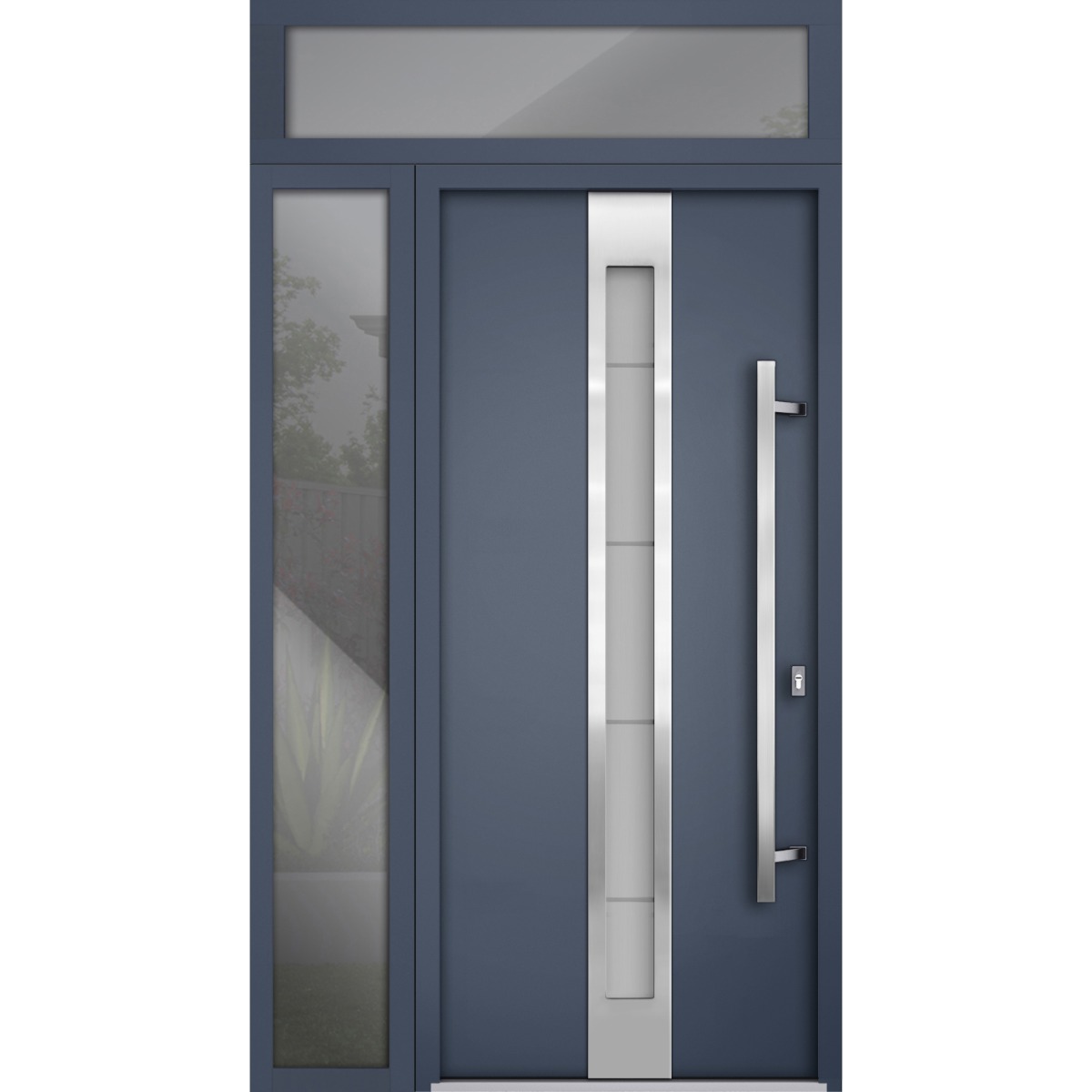 Front Exterior Prehung Steel Door / Deux 1717 Gray Graphite / Sidelight and Transom Window / Stainless Inserts Single Modern Painted-W36+14" x H80+16"-Left-hand Outswing Gray Graphite