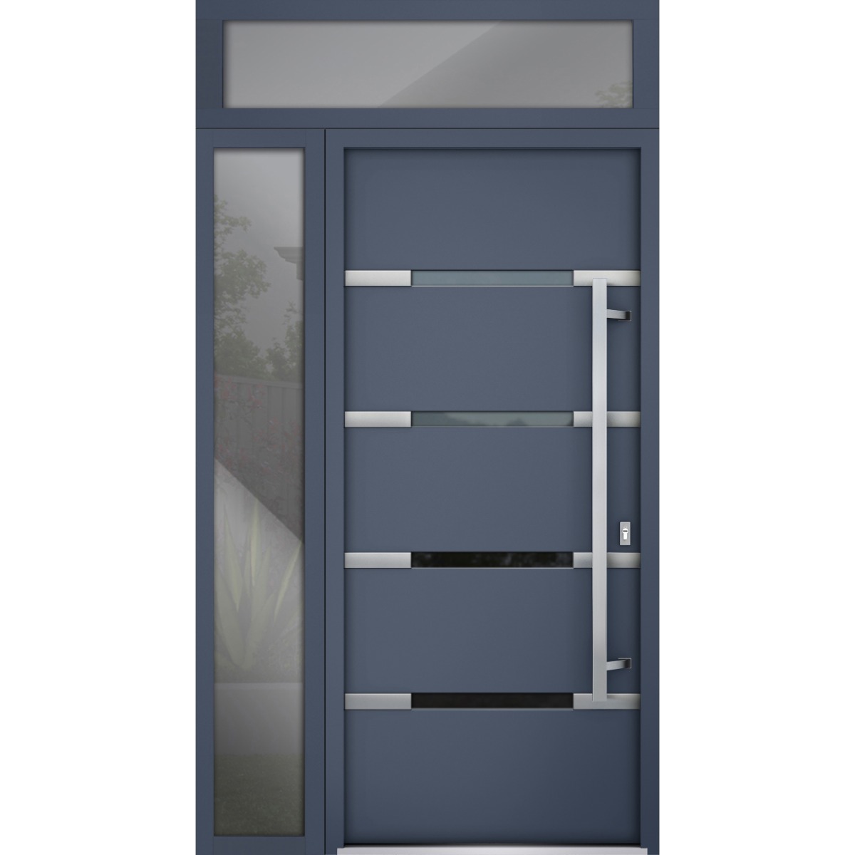 Front Exterior Prehung Steel Door / Deux 1105 Gray Graphite / Sidelight and Transom Window / Stainless Inserts Single Modern Painted-W36+14" x H80+16"-Left-hand Outswing Gray Graphite