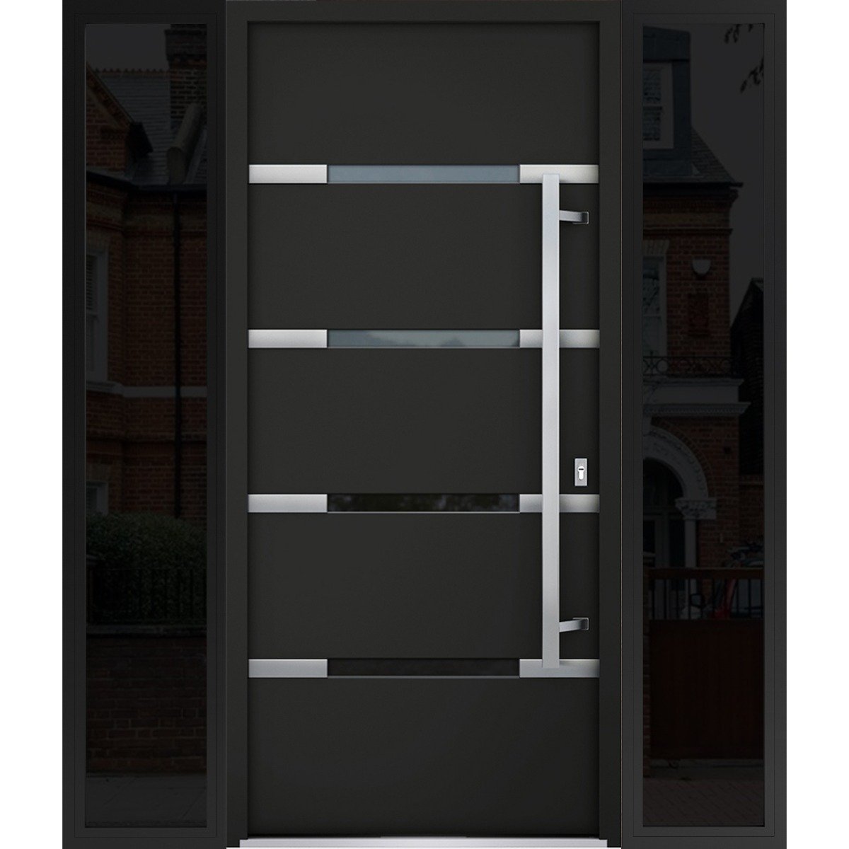 Front Exterior Prehung Steel Door / Deux 1105 Gray Graphite / 2 Sidelight Exterior Windows / Stainless Inserts Single Modern Painted-W16+36+16" x H80"-Left-hand Outswing Black