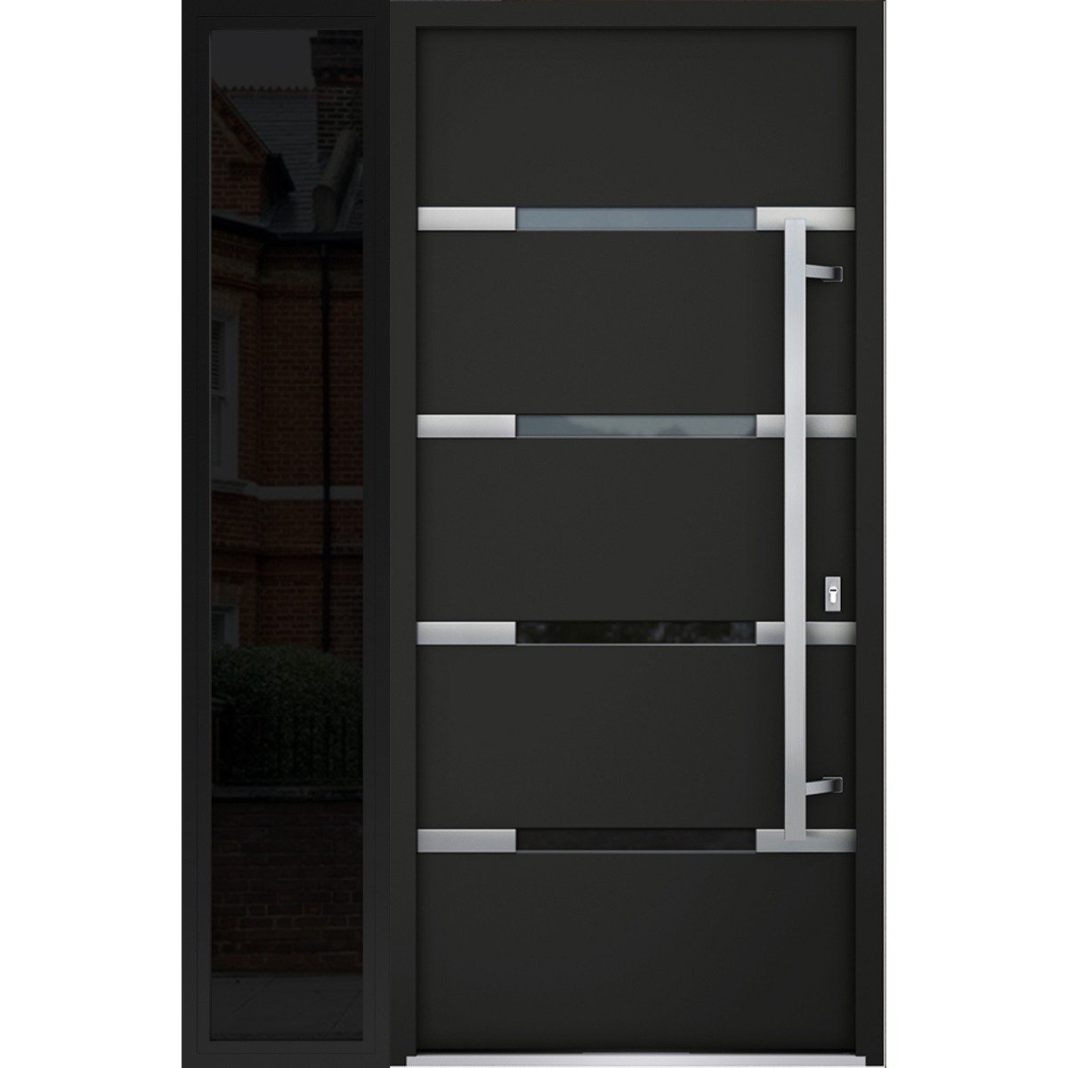 Front Exterior Prehung Steel Door / Deux 1105 Gray Graphite / Sidelight Exterior Window / Stainless Inserts Single Modern Painted-W36+12" x H80"-Left-hand Outswing Black