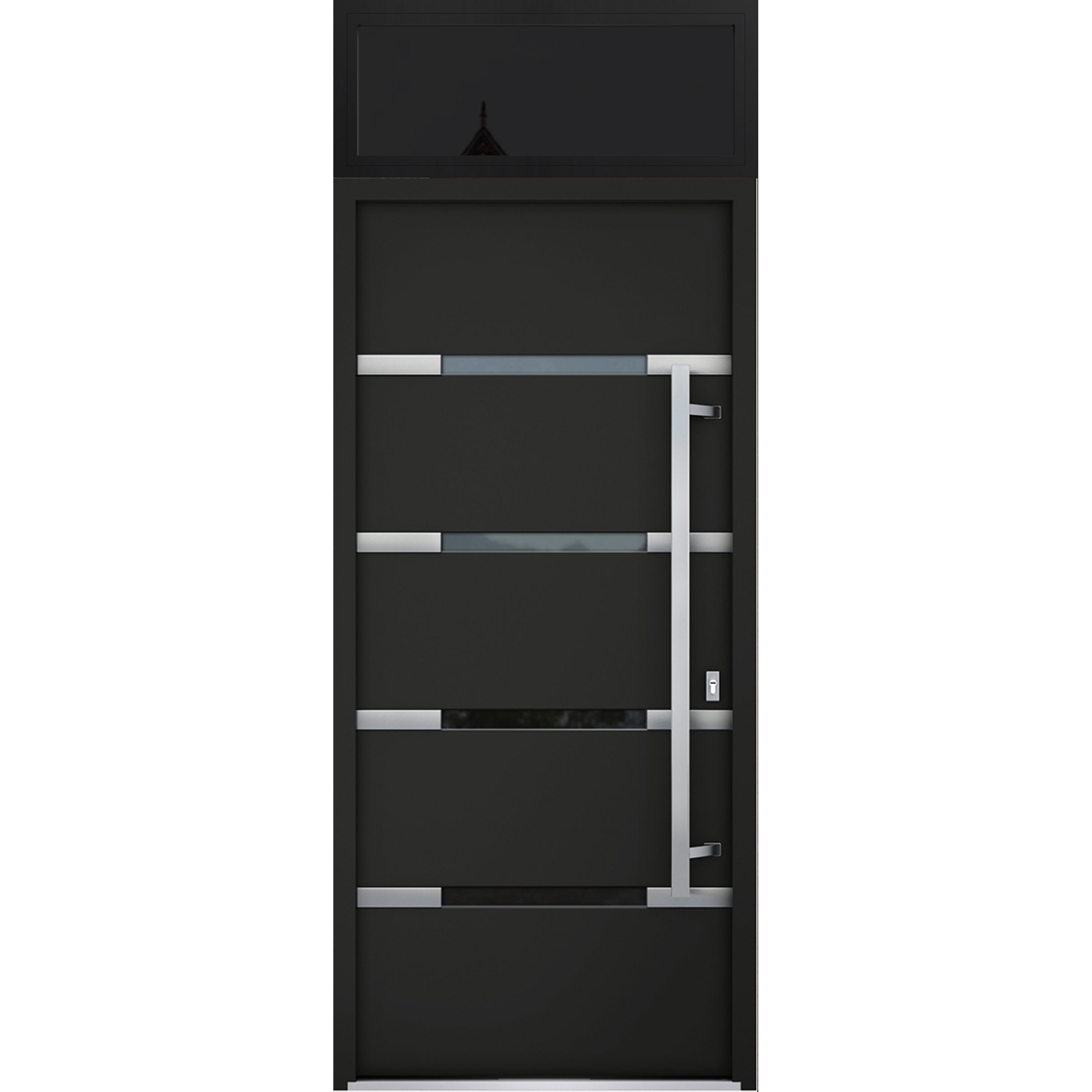 Front Exterior Prehung Steel Door / Deux 1105 Black Enamel / Transom Window Sidelite / Stainless Inserts Entry Metal Modern Painted W36" x H80+16" Left hand Inswing Black