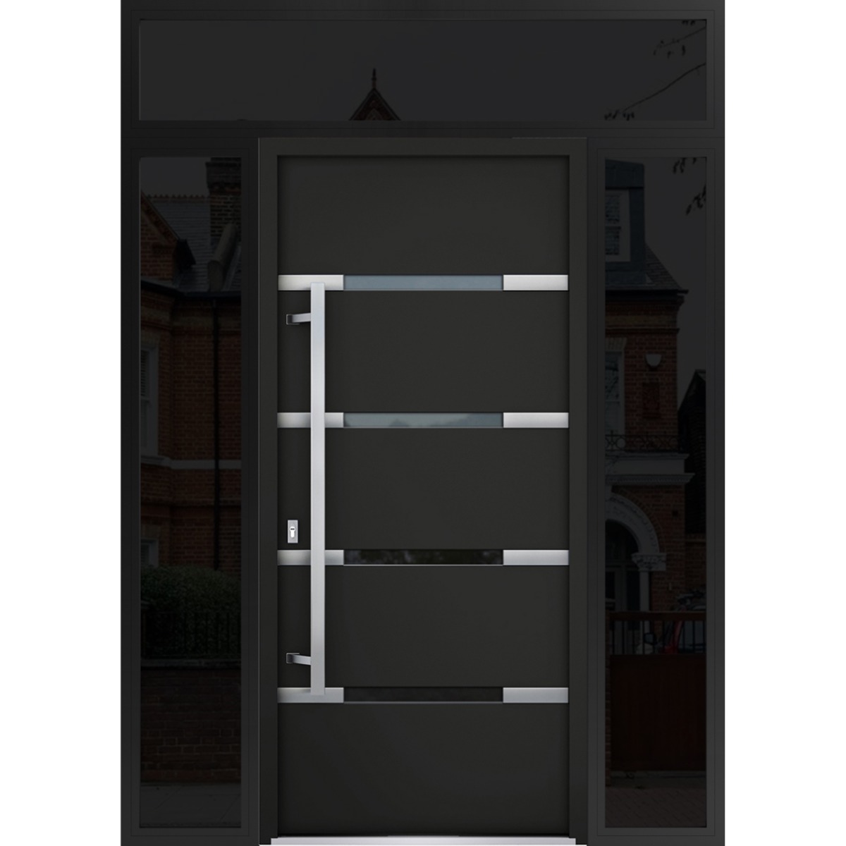 Front Exterior Prehung Steel Door / Deux 1105 Black Enamel / 2 Sidelight and Transom Window Sidelite / Stainless Inserts Entry Metal Modern Painted W16+36+16" x H80+16" Right hand Inswing Black