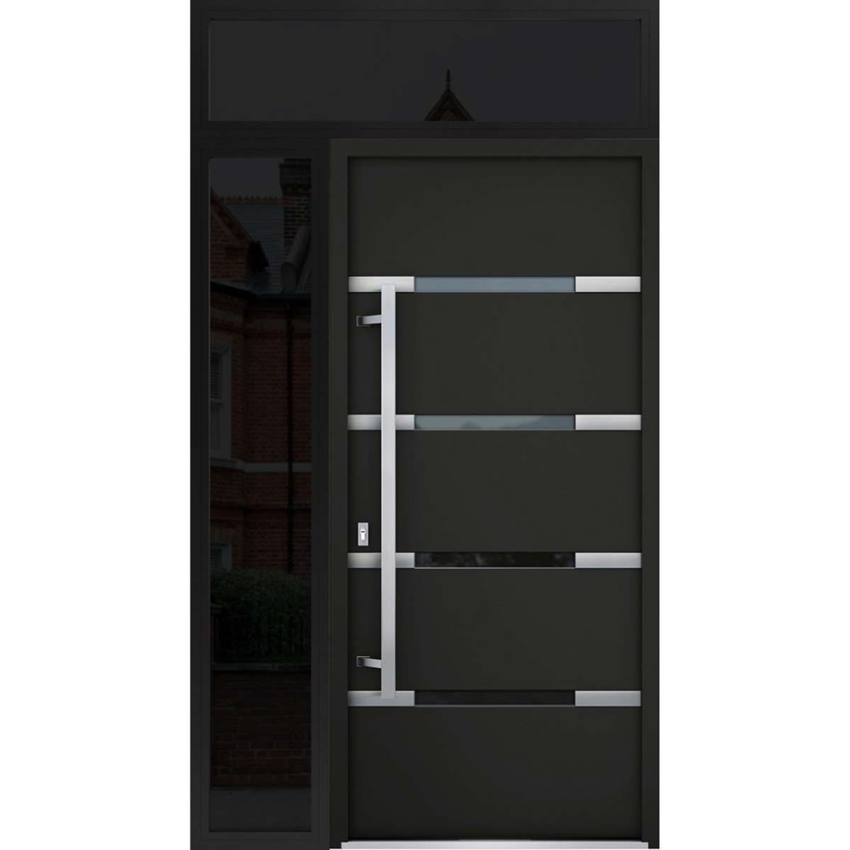 Front Exterior Prehung Steel Door / Deux 1105 Gray Graphite / Sidelight and Transom Window / Stainless Inserts Single Modern Painted-W36+12" x H80+16"-Right-hand Inswing Black