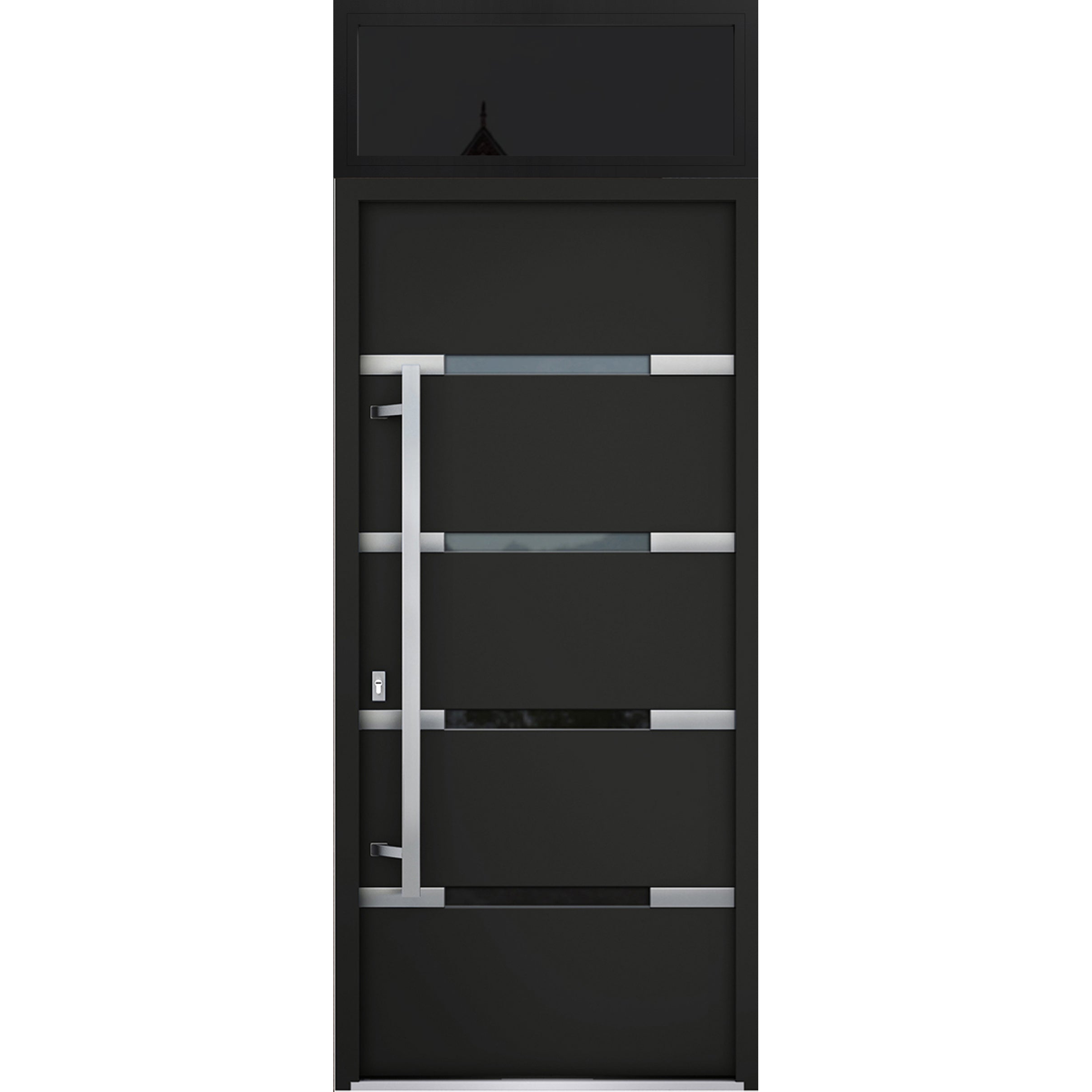 Front Exterior Prehung Steel Door / Deux 1105 Gray Graphite / Transom Window / Stainless Inserts Single Modern Painted-W36" x H80+16"-Right-hand Inswing Black