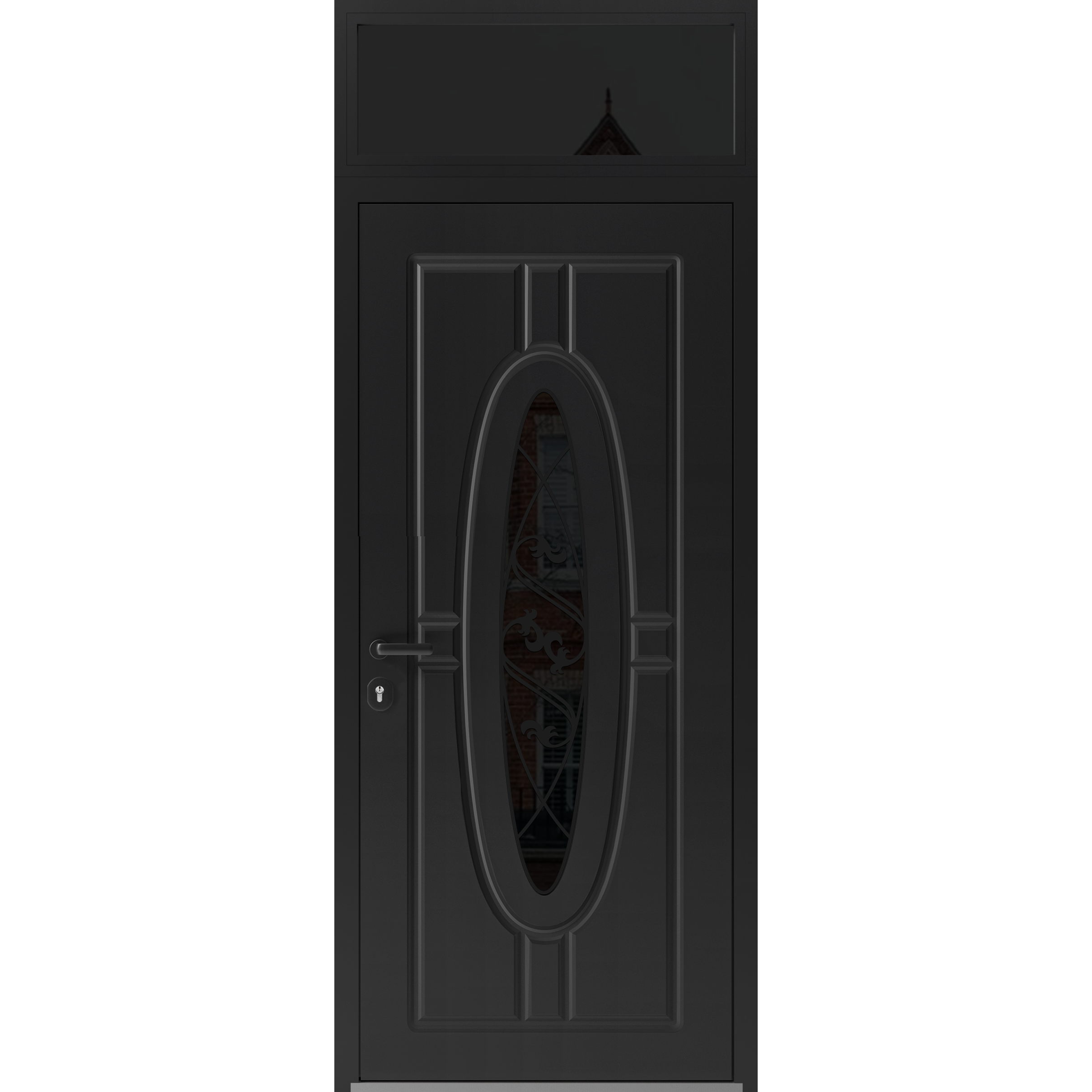 Front Exterior Prehung Steel Door / Ronex 1277 Brown / Transom Window Sidelite / Entry Metal Modern Painted W36" x H80+16" Right hand Inswing Black