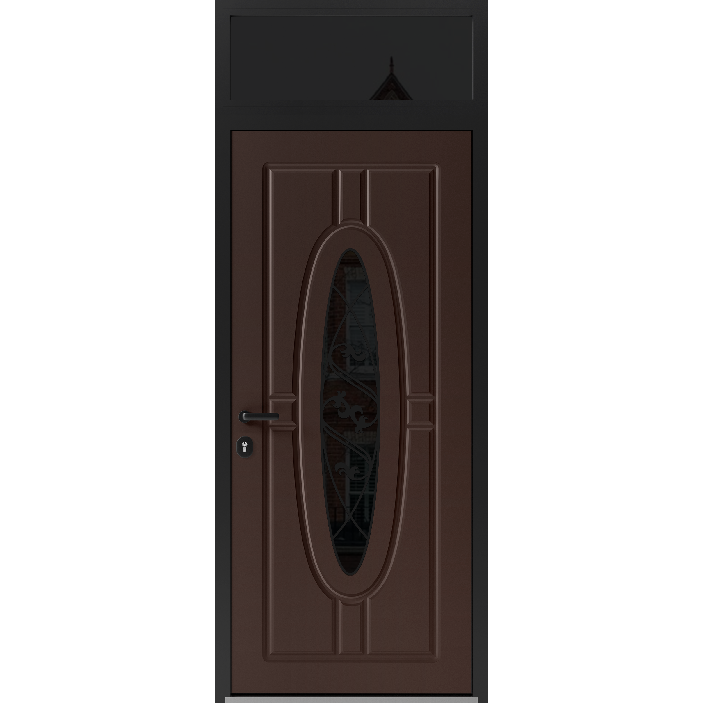 Front Exterior Prehung Steel Door / Ronex 1277 Brown / Transom Window Sidelite / Entry Metal Modern Painted W36" x H80+16" Right hand Inswing Brown