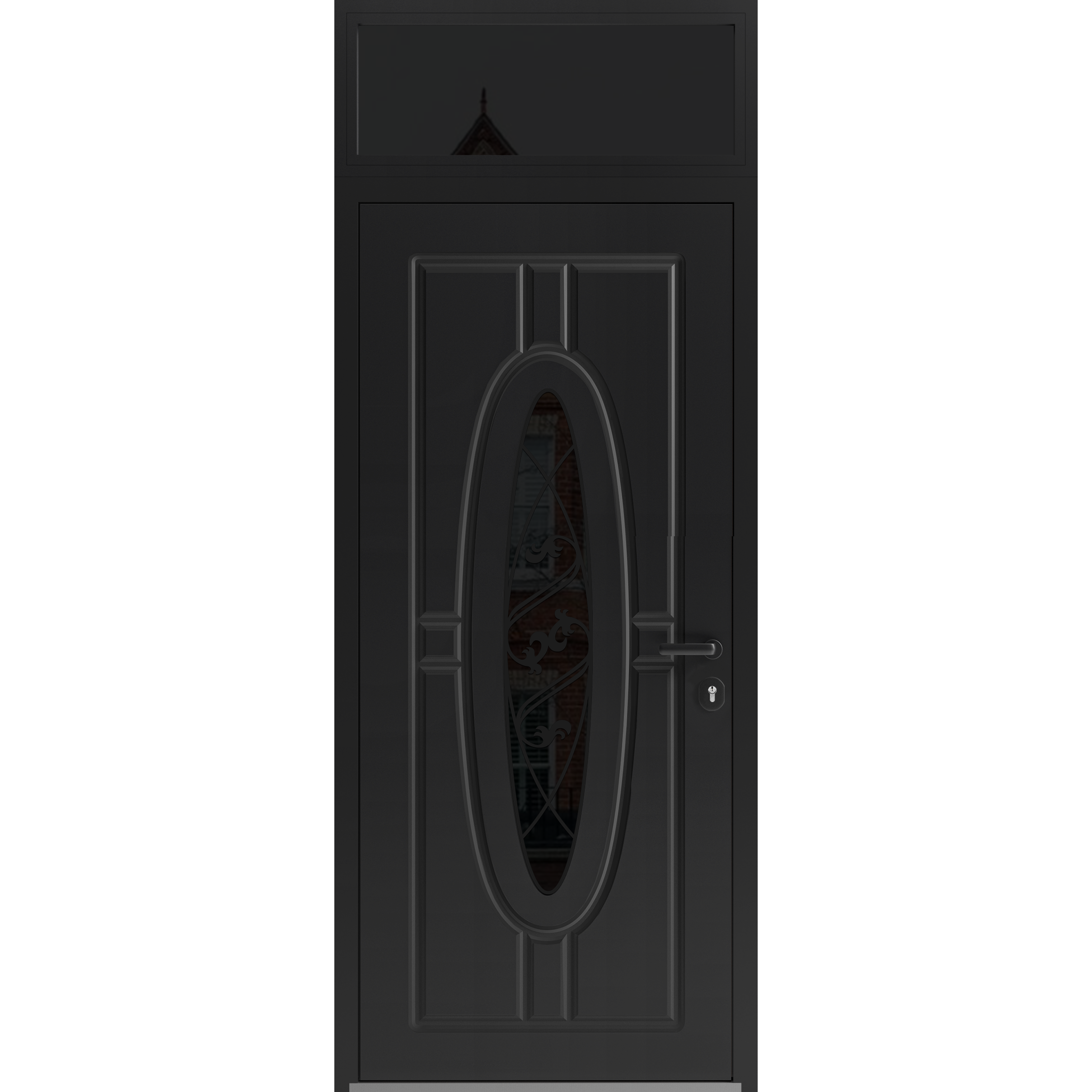 Front Exterior Prehung Steel Door / Ronex 1277 Black Enamel / Transom Window Sidelite / Stainless Inserts Entry Metal Modern Painted W36" x H80+16" Left hand Inswing Black