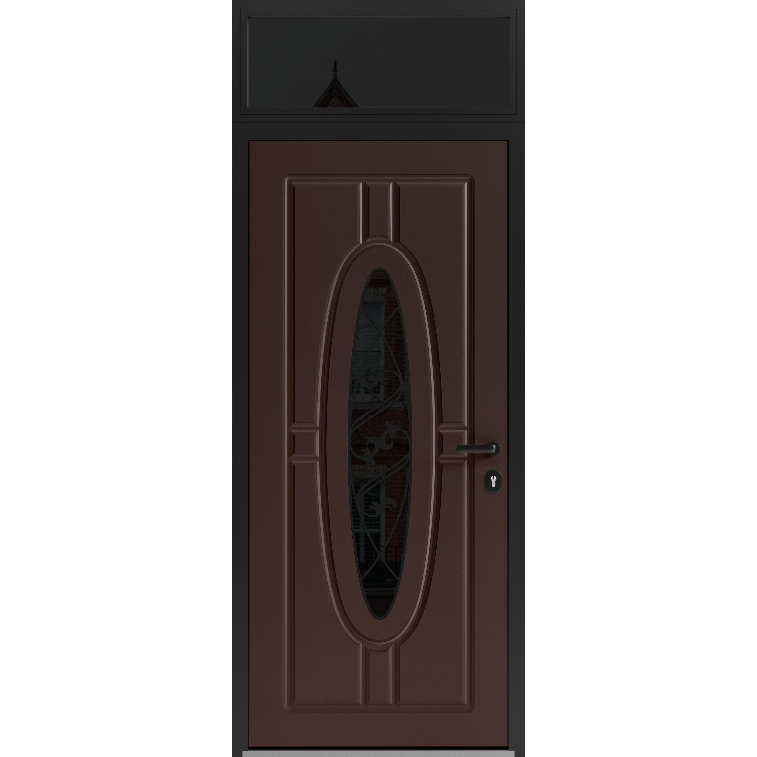 Front Exterior Prehung Steel Door / Ronex 1277 Black Enamel / Transom Window Sidelite / Stainless Inserts Entry Metal Modern Painted W36" x H80+16" Left hand Inswing Brown