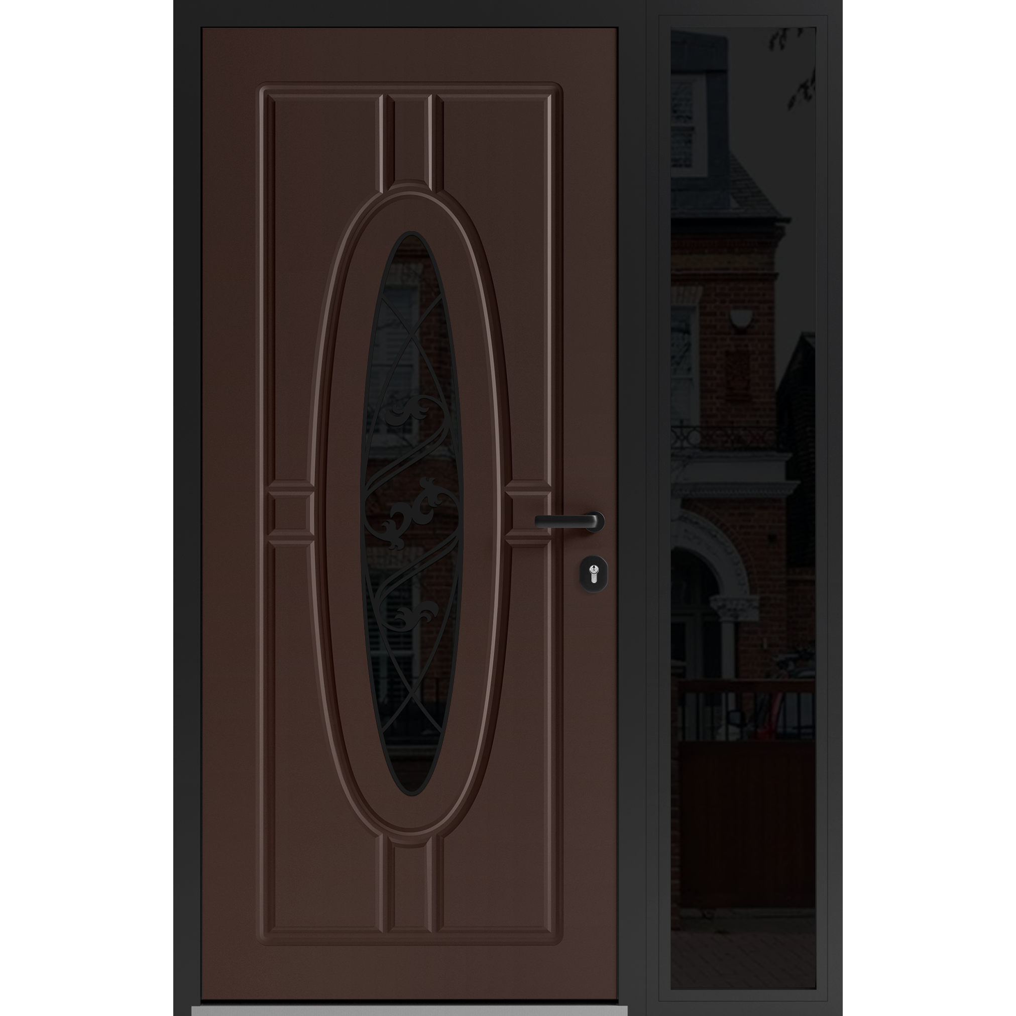 Front Exterior Prehung Steel Door / Ronex 1277 Black Enamel / Sidelight Exterior Window Sidelite / Stainless Inserts Entry Metal Modern Painted W36+12" x H80" Left hand Inswing Brown