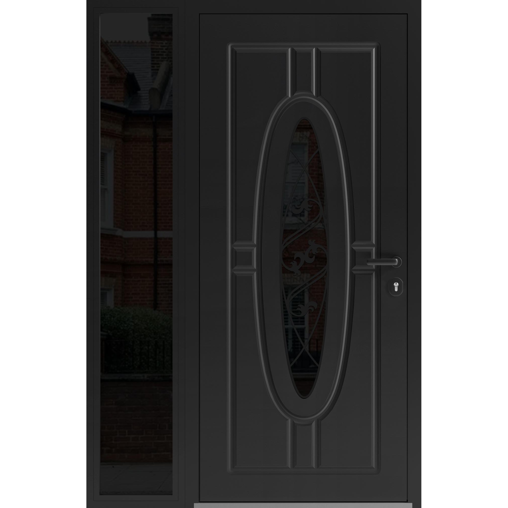 Front Exterior Prehung Steel Door / Ronex 1277 Black Enamel / Sidelight Exterior Window Sidelite / Stainless Inserts Entry Metal Modern Painted W36+12" x H80" Left hand Inswing Black