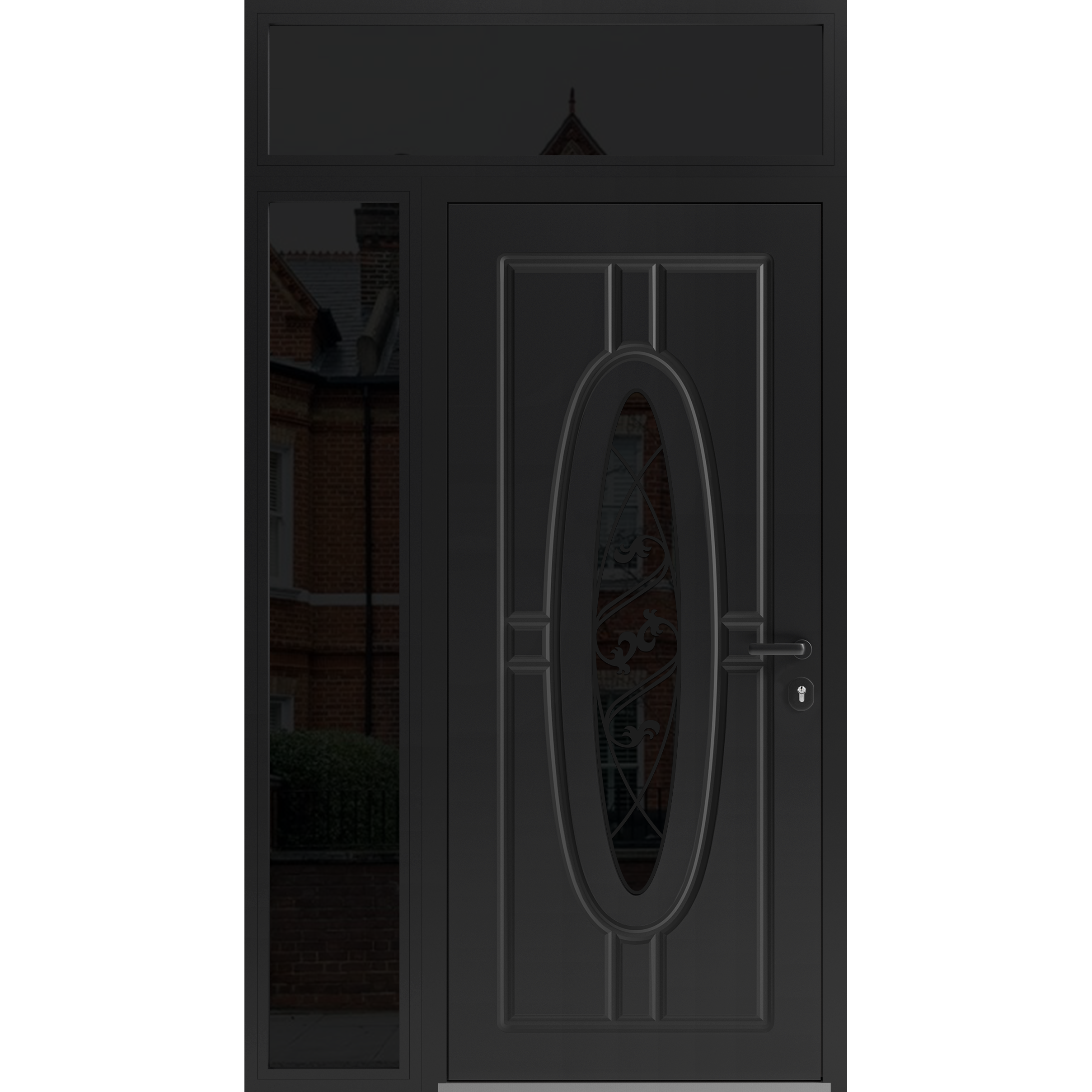 Front Exterior Prehung Steel Door / Ronex 1277 Brown / Sidelight and Transom Window Sidelite / Entry Metal Modern Painted W36+12" x H80+16" Left hand Inswing Black