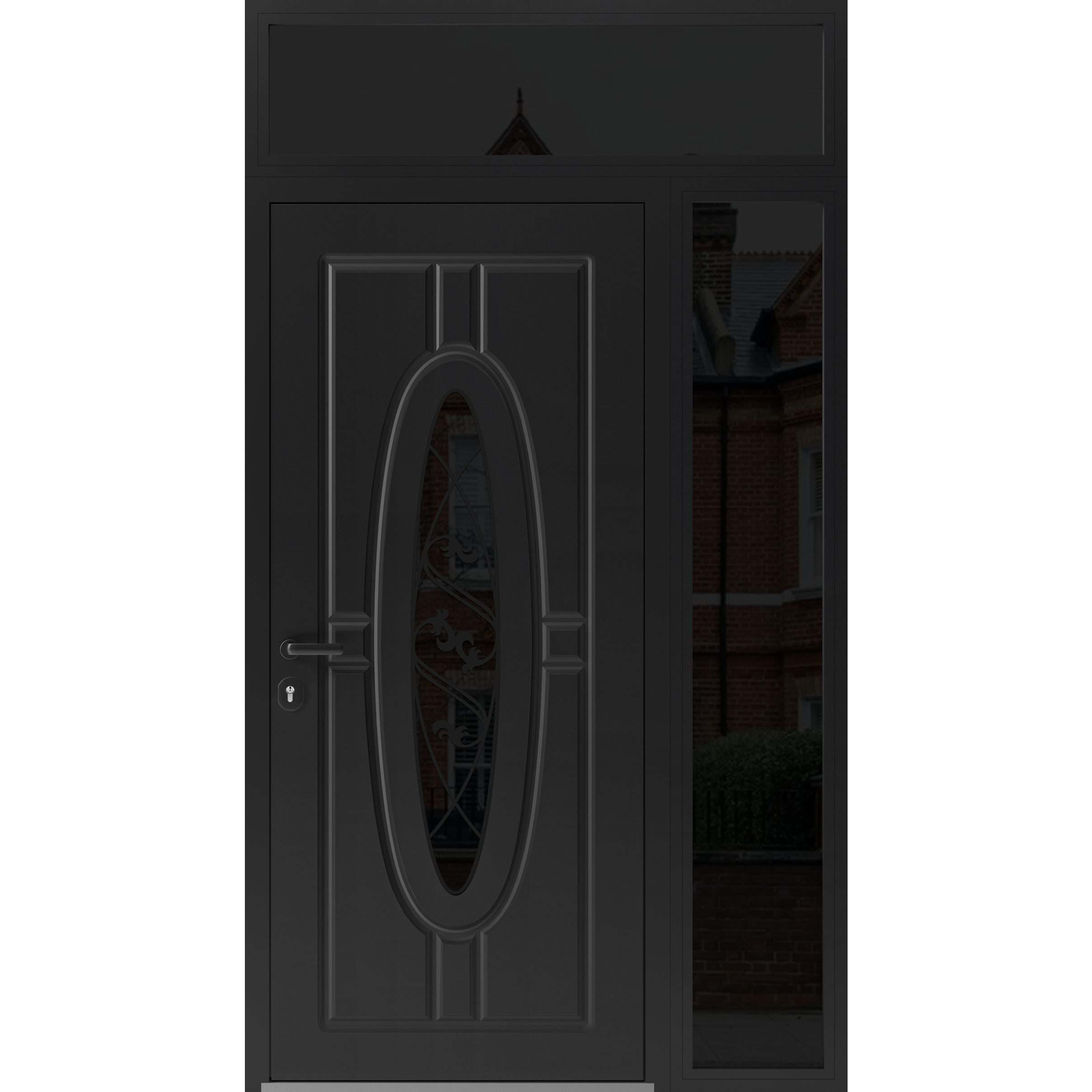 Front Exterior Prehung Steel Door / Ronex 1277 Brown / Sidelight and Transom Window Sidelite / Entry Metal Modern Painted W36+14" x H80+16" Right hand Inswing Black