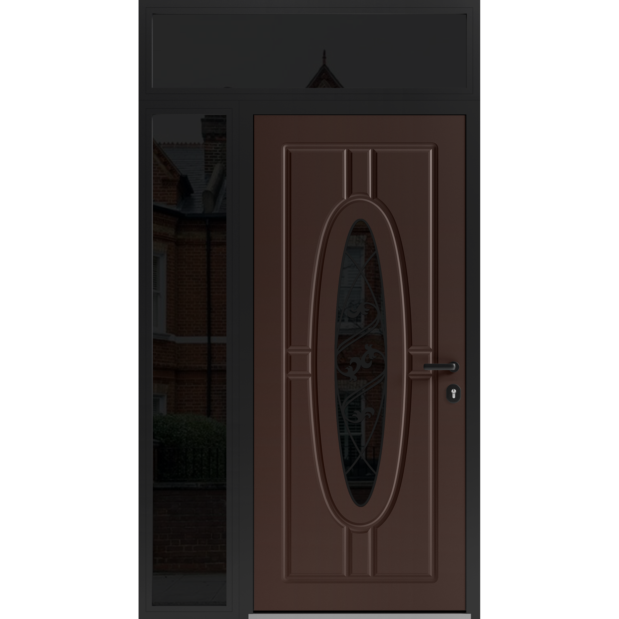 Front Exterior Prehung Steel Door / Ronex 1277 Brown / Sidelight and Transom Window Sidelite / Entry Metal Modern Painted W36+12" x H80+16" Left hand Inswing Brown