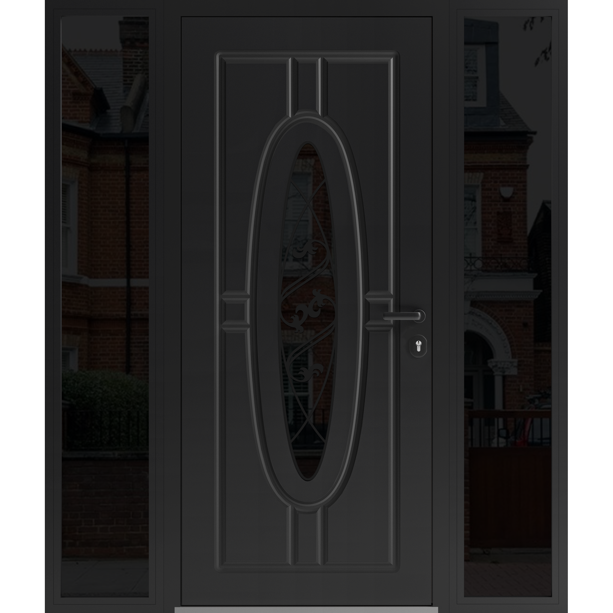 Front Exterior Prehung Steel Door / Ronex 1277 Black Enamel / 2 Sidelight Exterior Windows Sidelites/ Stainless Inserts Entry Metal Modern Painted W14+36+14" x H80" Left hand Inswing Black