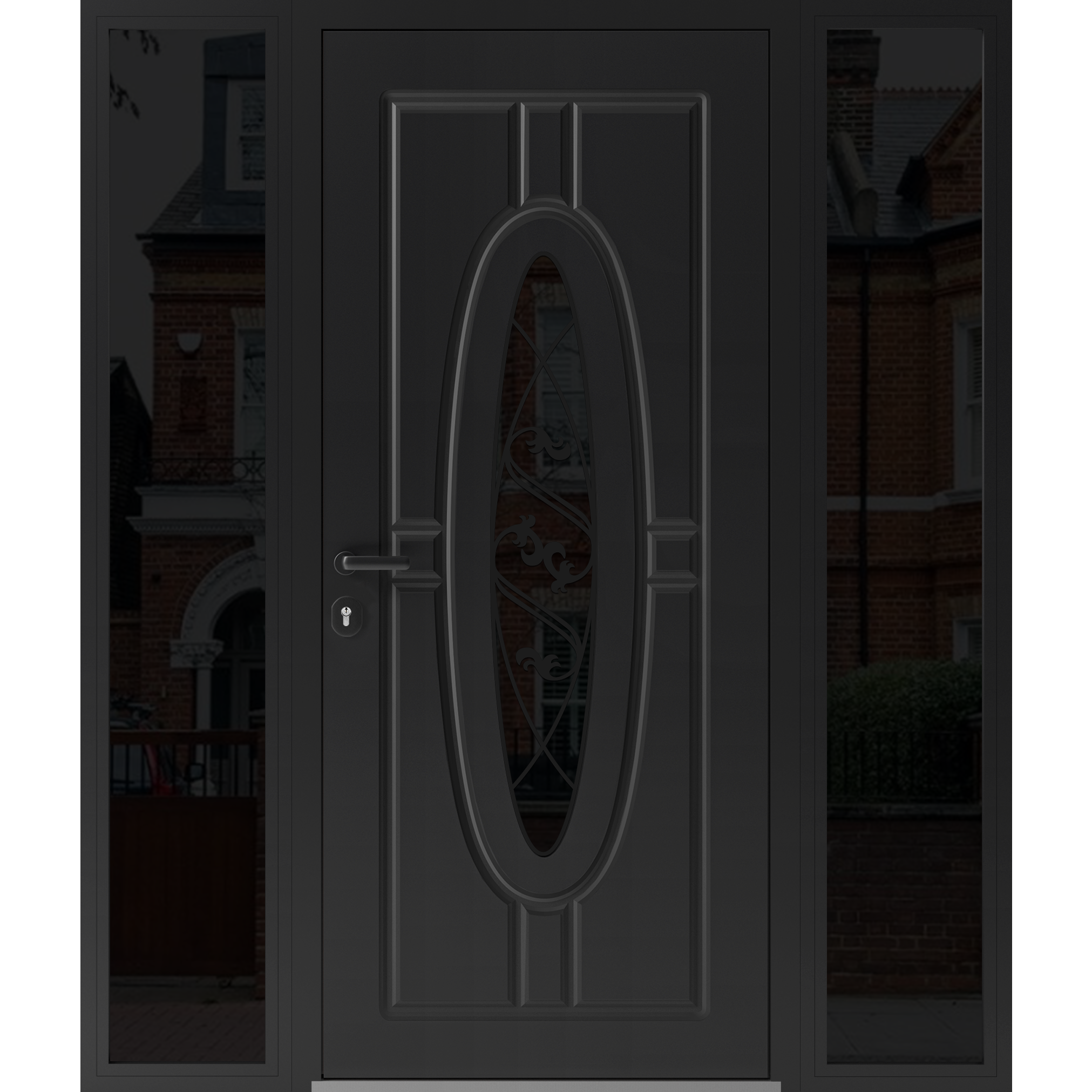Front Exterior Prehung Steel Door / Ronex 1277 Black Enamel / 2 Sidelight Exterior Windows Sidelites/ Stainless Inserts Entry Metal Modern Painted W16+36+16" x H80" Right hand Inswing Black