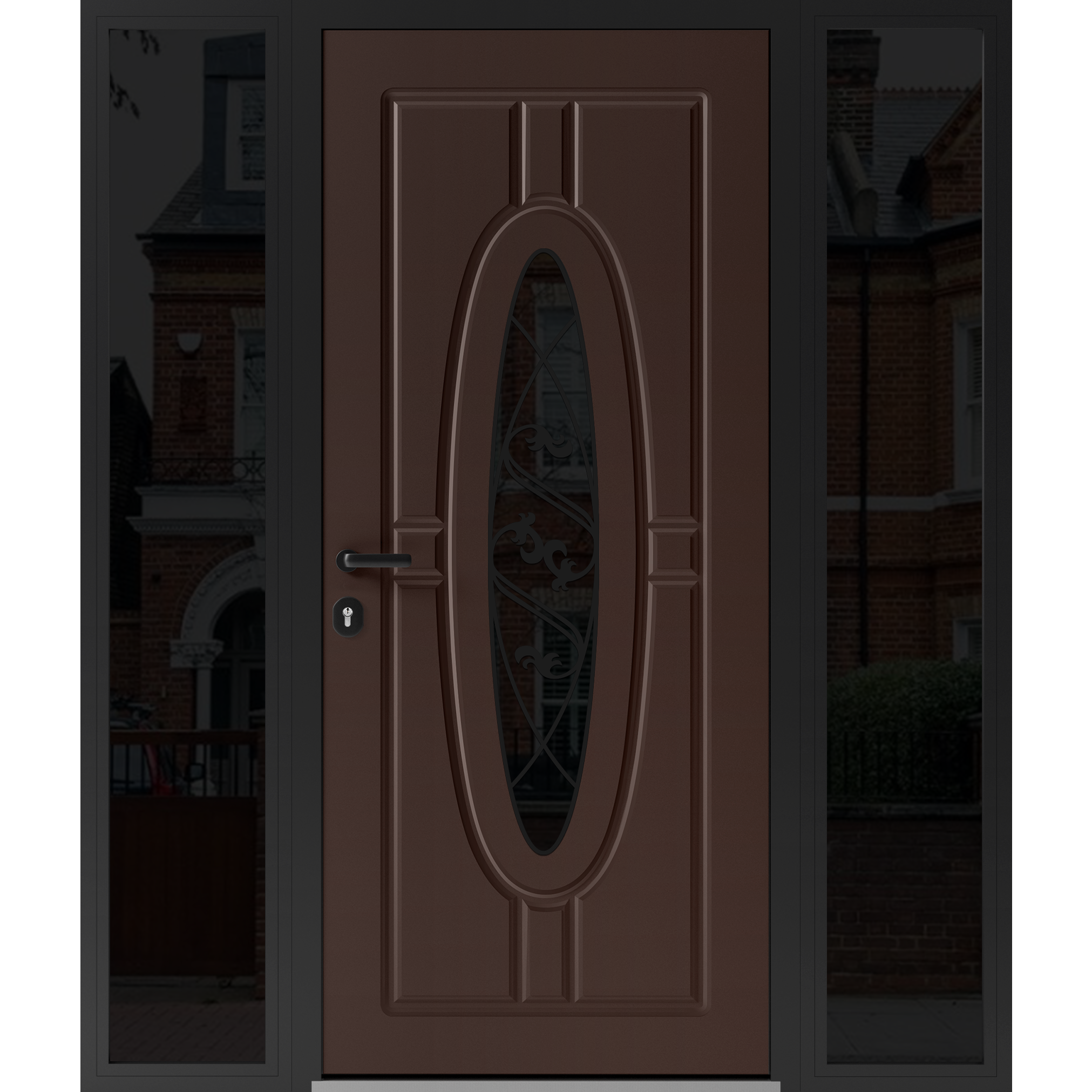 Front Exterior Prehung Steel Door / Ronex 1277 Black Enamel / 2 Sidelight Exterior Windows Sidelites/ Stainless Inserts Entry Metal Modern Painted W16+36+16" x H80" Right hand Inswing Brown