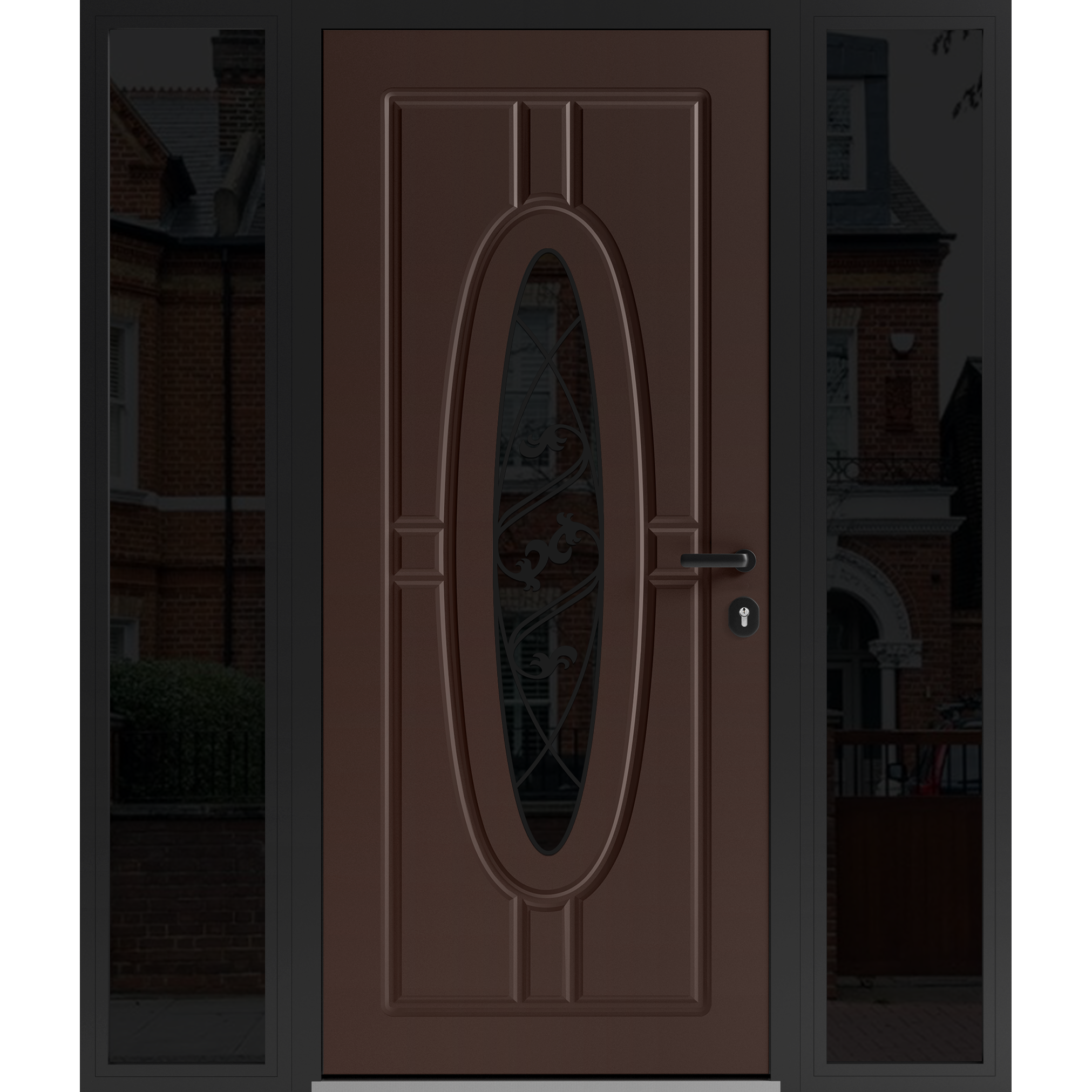 Front Exterior Prehung Steel Door / Ronex 1277 Black Enamel / 2 Sidelight Exterior Windows Sidelites/ Stainless Inserts Entry Metal Modern Painted W14+36+14" x H80" Left hand Inswing Brown