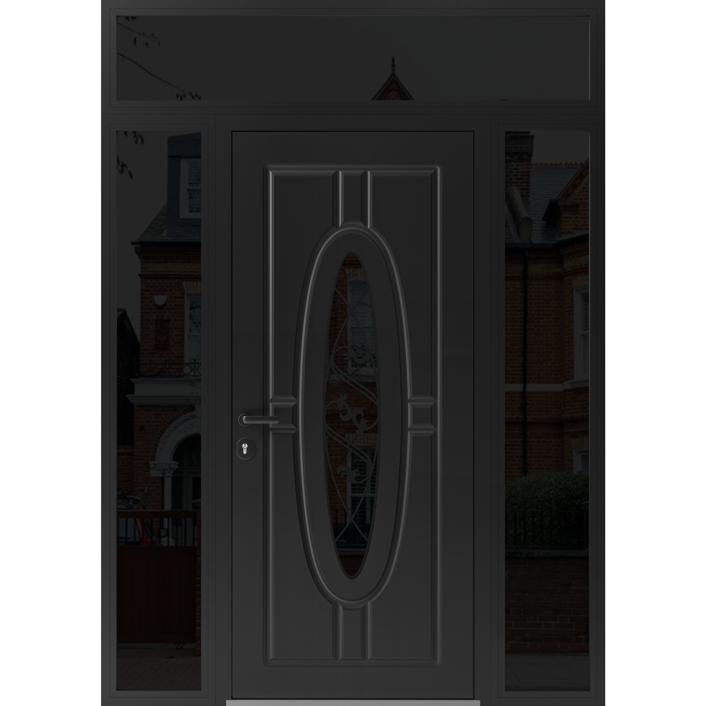 Front Exterior Prehung Steel Door / Ronex 1277 Brown / 2 Sidelight and Transom Window Sidelite / Entry Metal Modern Painted W16+36+16" x H80+16" Right hand Inswing Black