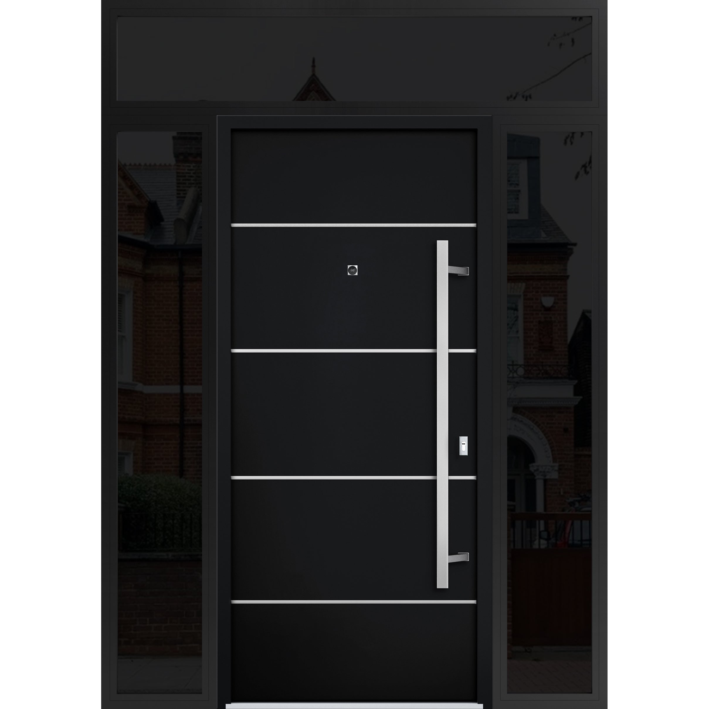 Front Exterior Prehung Steel Door / Deux 6083 Black Enamel / 2 Sidelight and Transom Window Sidelite / Stainless Inserts Entry Metal Modern Painted W12+36+12" x H80+16" Left hand Inswing Black