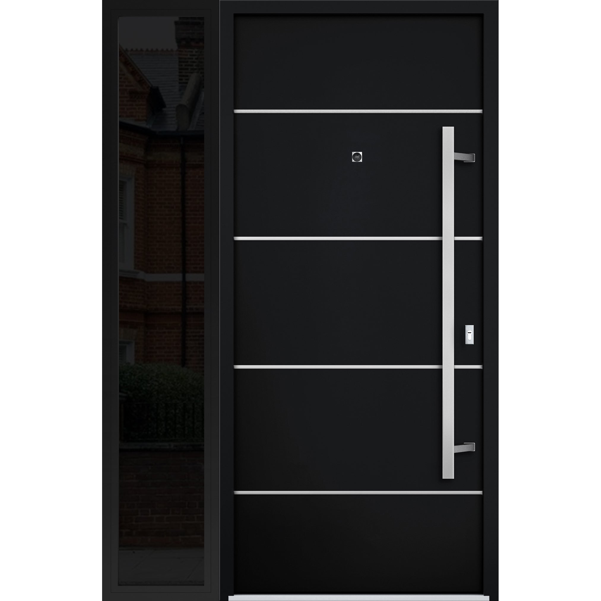 Front Exterior Prehung Steel Door / Deux 6083 Black Enamel / Sidelight Exterior Window Sidelite / Stainless Inserts Entry Metal Modern Painted W36+12" x H80" Left hand Inswing Black