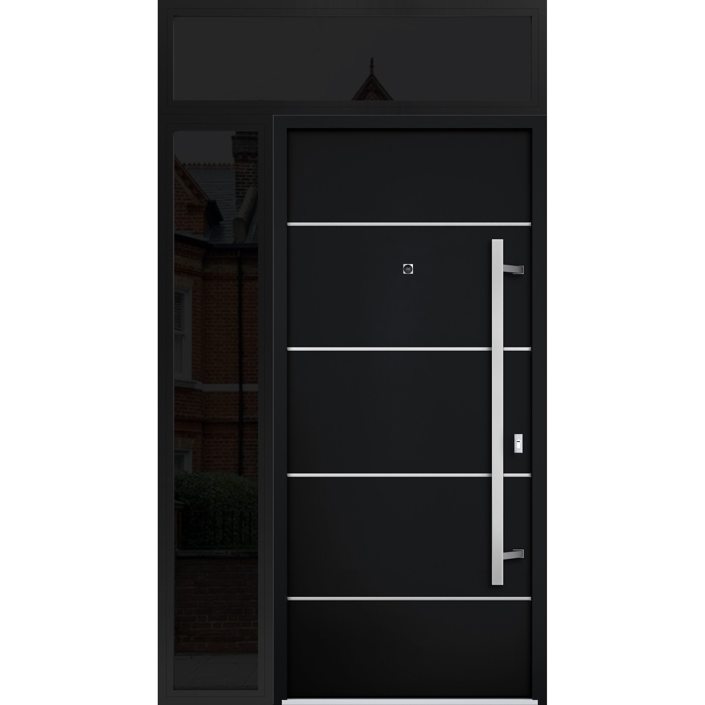 Front Exterior Prehung Steel Door / Deux 6083 Black Enamel / Sidelight and Transom Window Sidelite / Stainless Inserts Entry Metal Modern Painted W36+12" x H80+16" Left hand Inswing Black