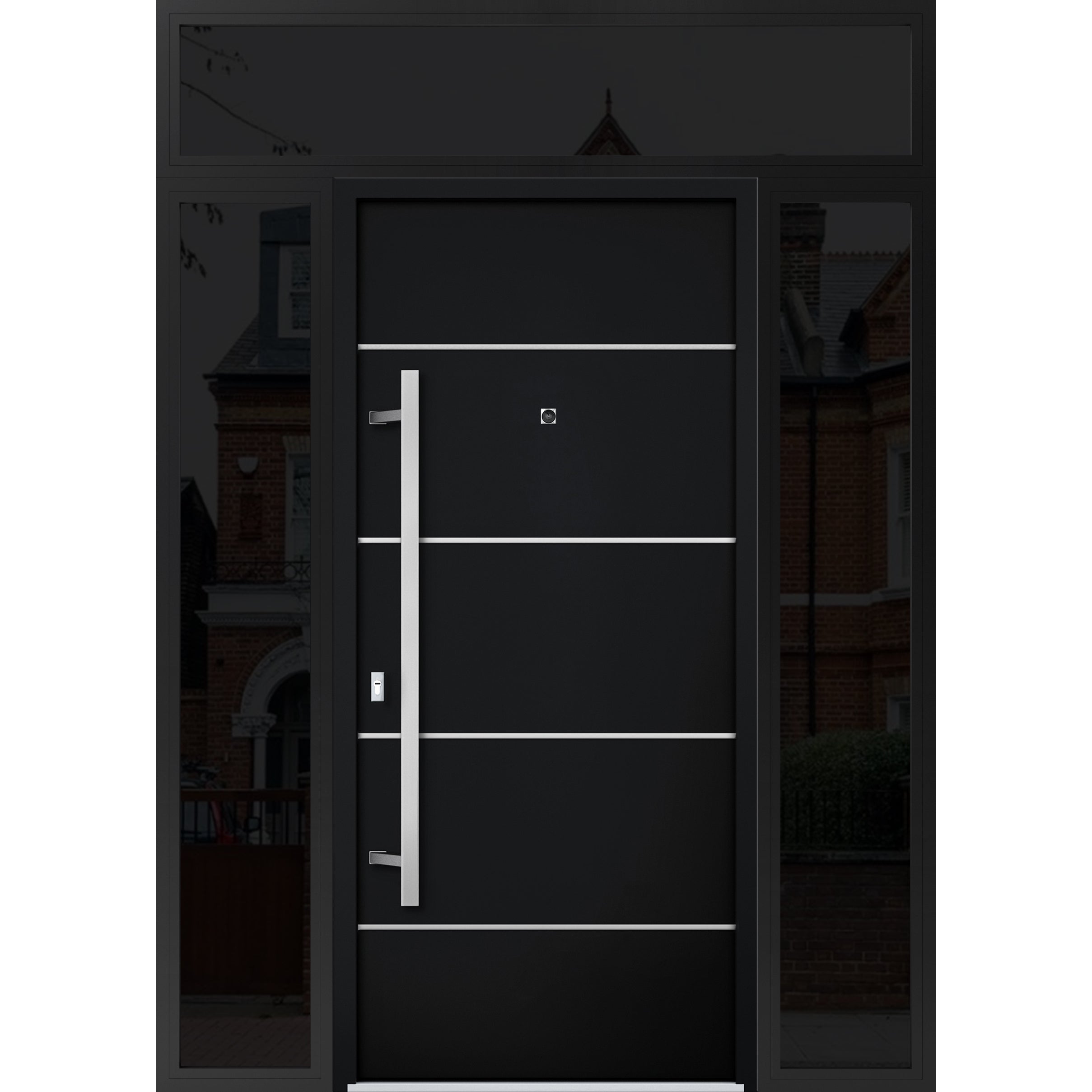 Front Exterior Prehung Steel Door / Deux 6083 Black Enamel / 2 Sidelight and Transom Window Sidelite / Stainless Inserts Entry Metal Modern Painted W16+36+16" x H80+16" Right hand Inswing Black