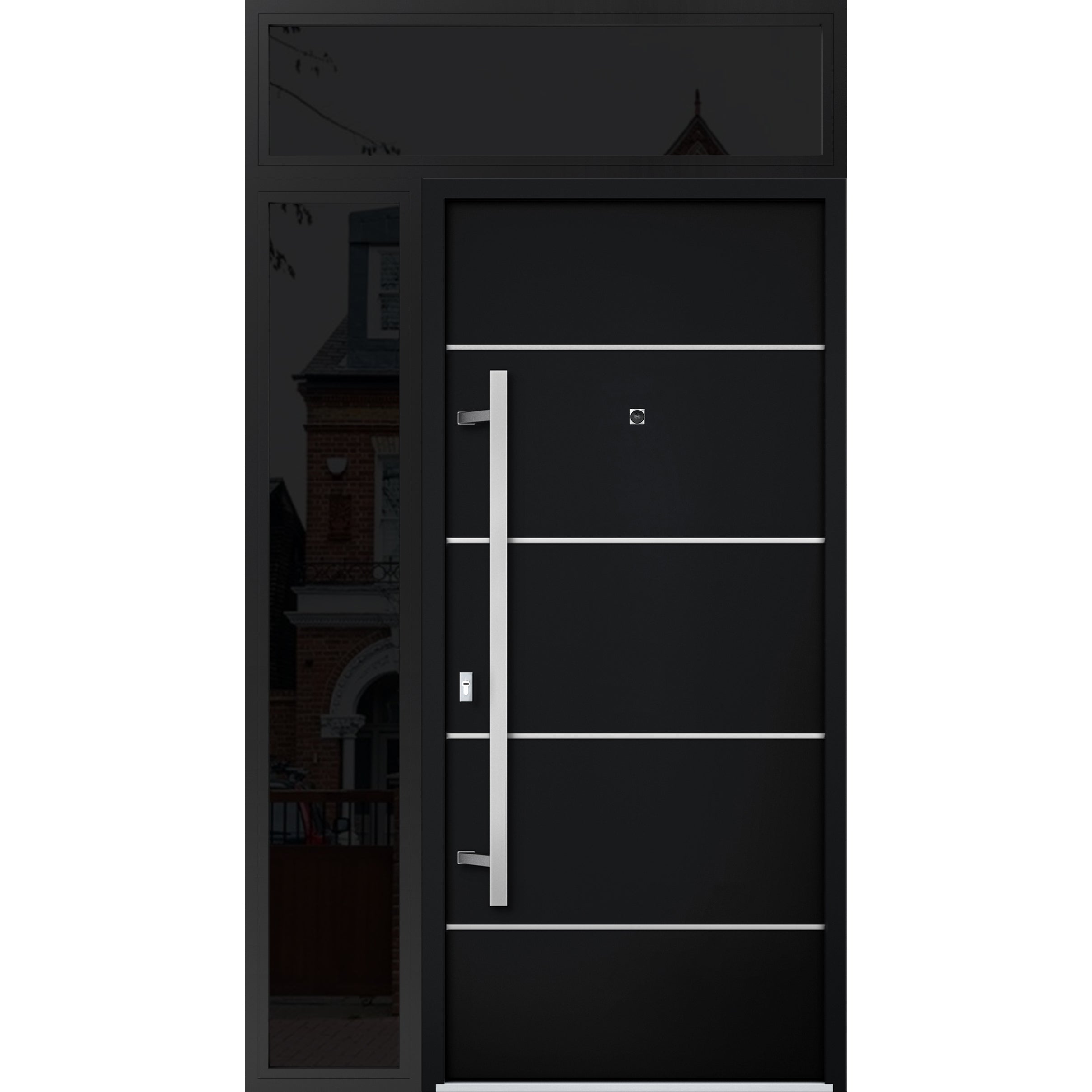 Front Exterior Prehung Steel Door / Deux 6083 Black Enamel / Sidelight and Transom Window Sidelite / Stainless Inserts Entry Metal Modern Painted W36+12" x H80+16" Right hand Inswing Black