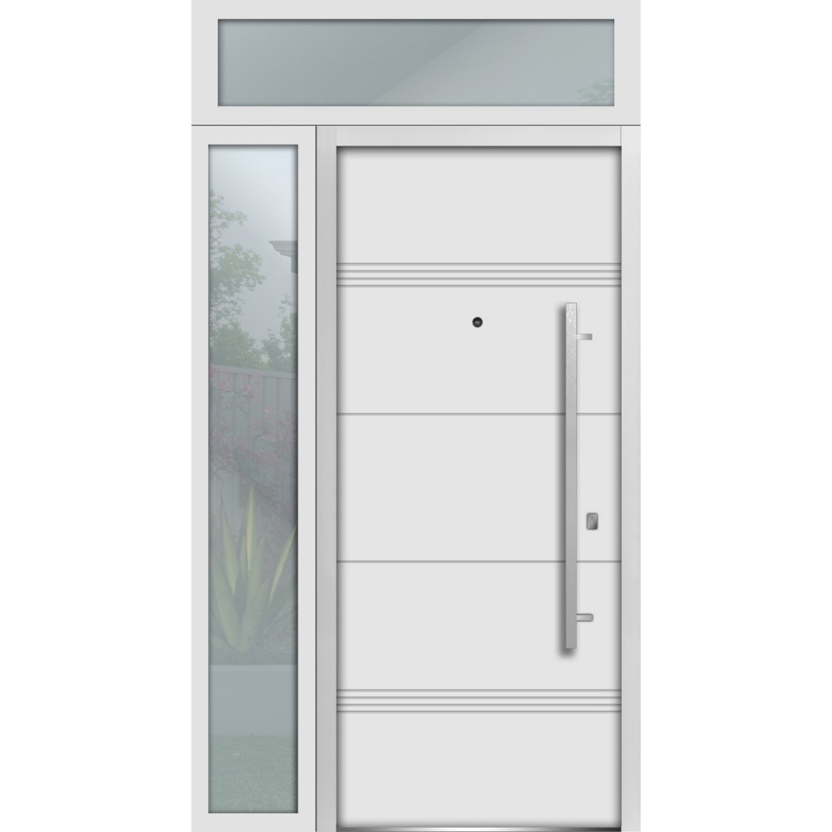 Front Exterior Prehung Steel Door / Deux 1705 White Enamel / Sidelight and Transom Black Window / Stainless Inserts Single Modern Painted-W36+12" x H80+16"-Left-hand Inswing White
