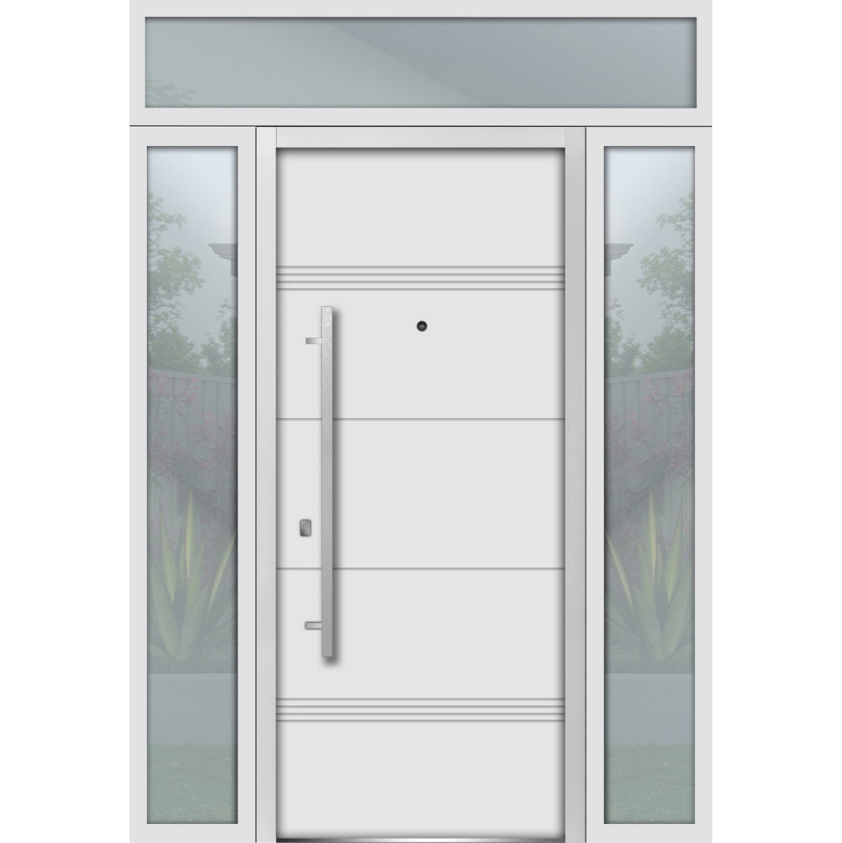 Front Exterior Prehung Steel Door / Deux 1705 White Enamel / 2 Sidelight and Transom Black Window / Stainless Inserts Single Modern Painted-W16+36+16" x H80+16"-Left-hand Inswing White