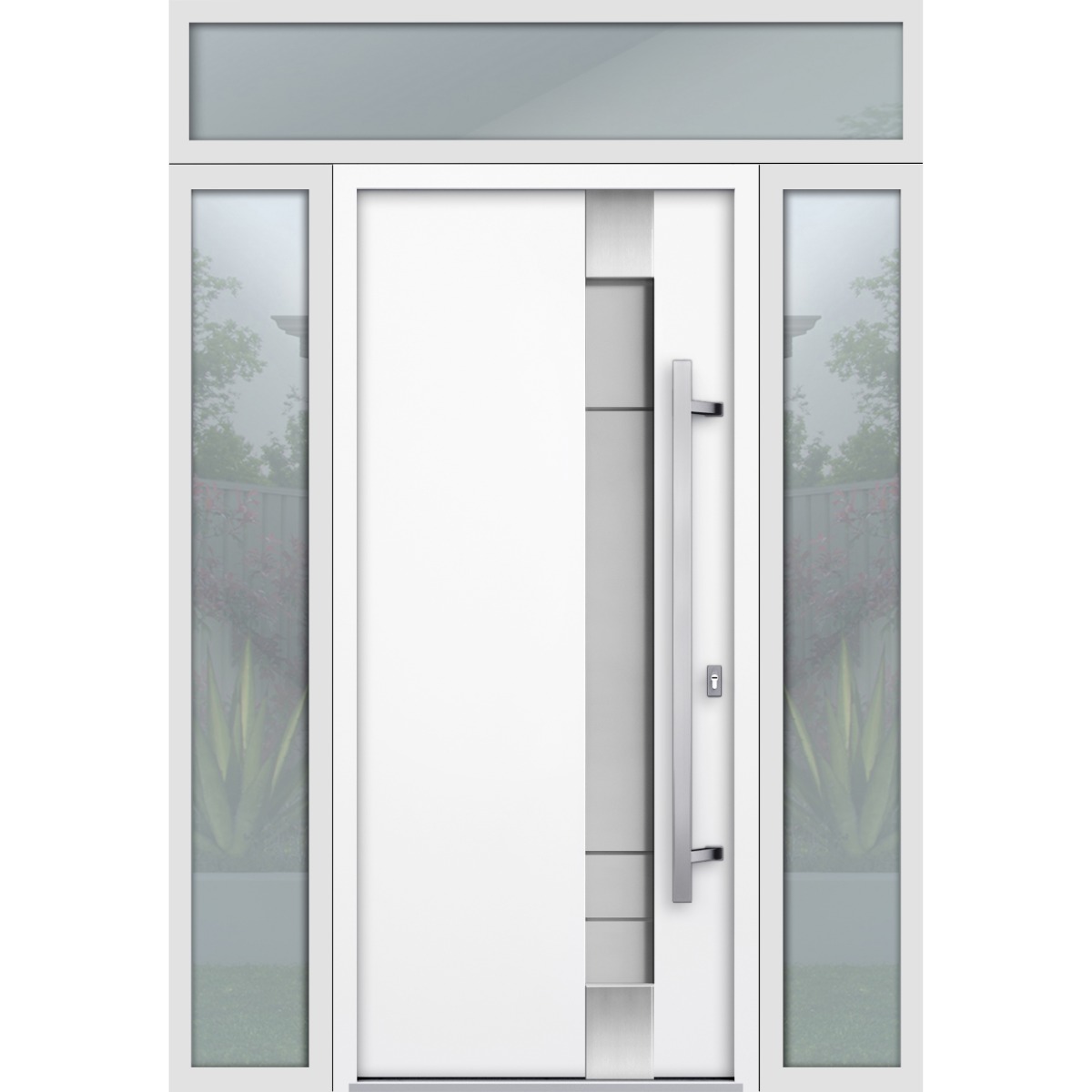 Front Exterior Prehung Steel Door / Deux 1713 White Enamel / 2 Sidelight and Transom Black Window / Stainless Inserts Single Modern Painted-W14+36+14" x H80+16"-Left-hand Inswing White
