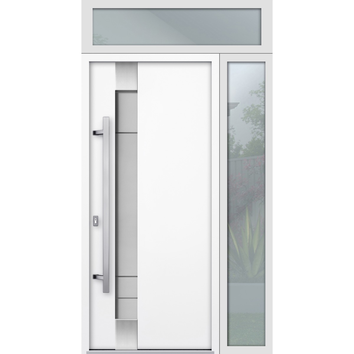 Front Exterior Prehung Steel Door / Deux 1713 White Enamel / Sidelight and Transom Black Window / Stainless Inserts Single Modern Painted-W36+14" x H80+16"-Right-hand Inswing White