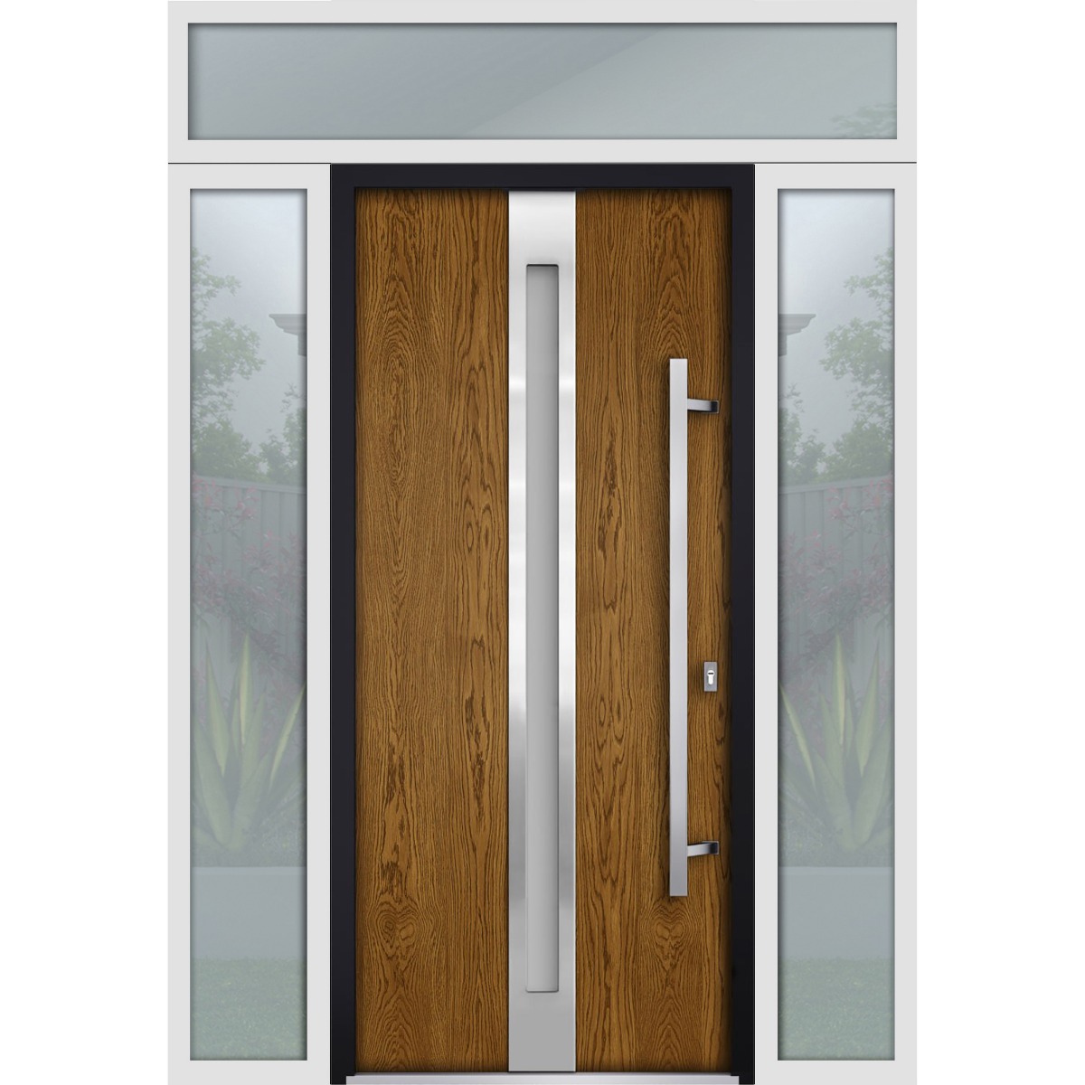 Front Exterior Prehung Steel Door / Deux 1744 Natural Oak / 2 Sidelight and Transom White Window / Stainless Inserts Single Modern Painted-W16+36+16" x H80+16"-Left-hand Outswing Oak