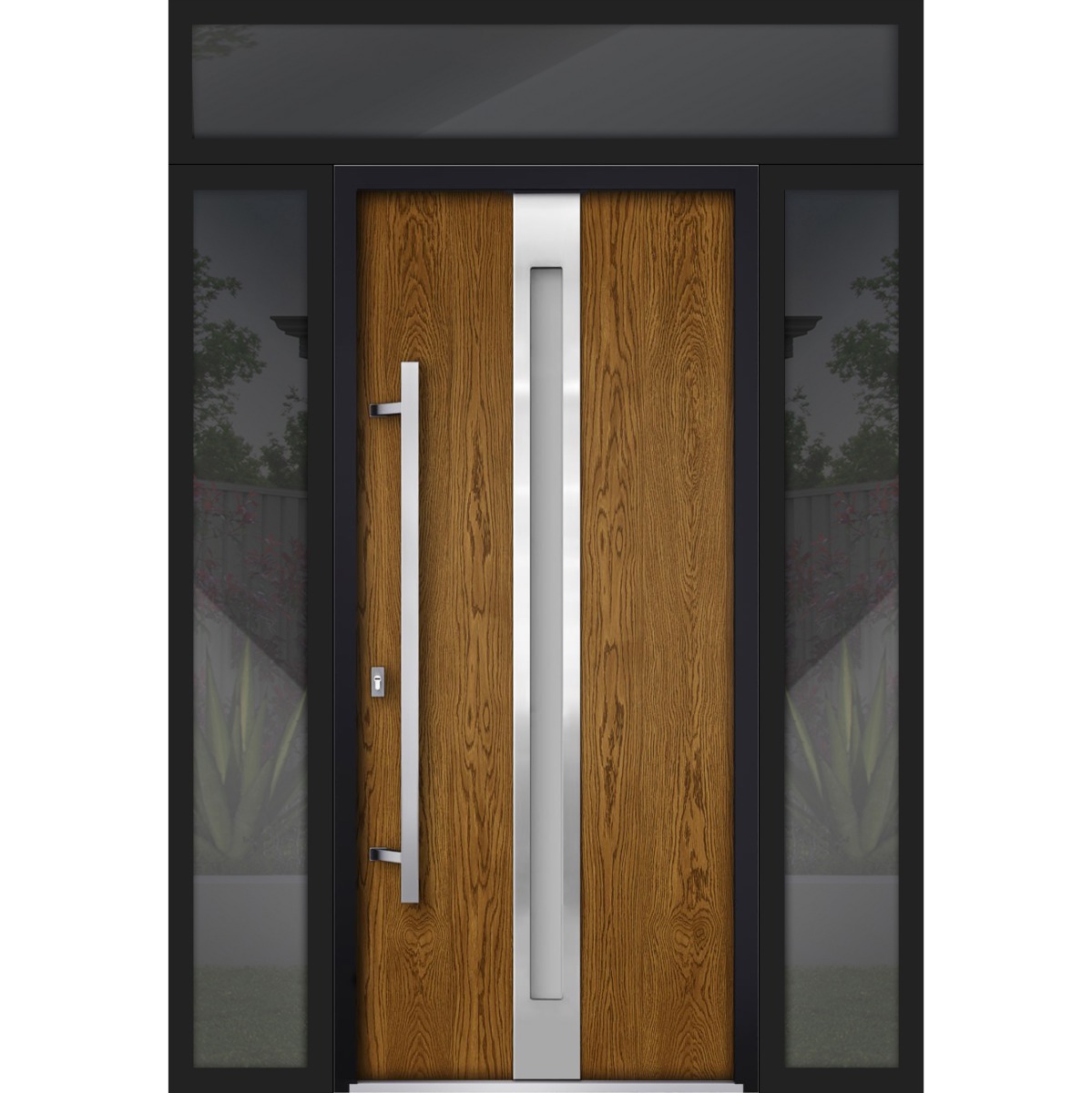Front Exterior Prehung Steel Door / Deux 1744 Natural Oak / 2 Sidelight and Transom Black Window / Stainless Inserts Single Modern Painted-W12+36+12" x H80+16"-Right-hand Inswing Oak