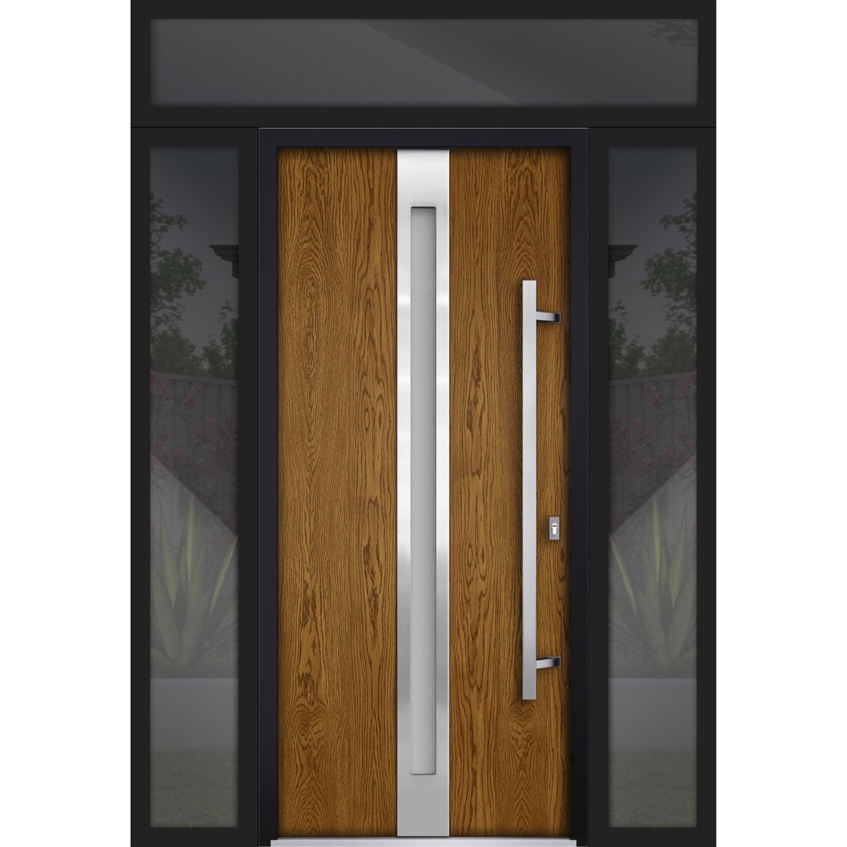 Front Exterior Prehung Steel Door / Deux 1744 Natural Oak / 2 Sidelight and Transom Black Window / Stainless Inserts Single Modern Painted-W16+36+16" x H80+16"-Left-hand Inswing Oak