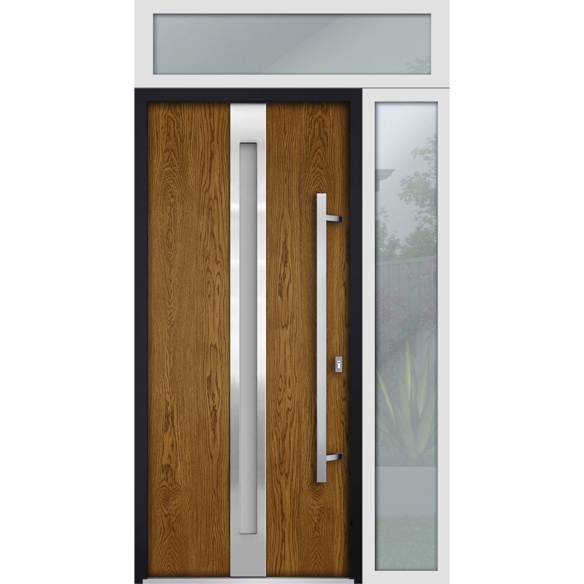 Front Exterior Prehung Steel Door / Deux 1744 Natural Oak / Sidelight and Transom White Window / Stainless Inserts Single Modern Painted-W36+12" x H80+16"-Left-hand Inswing Oak