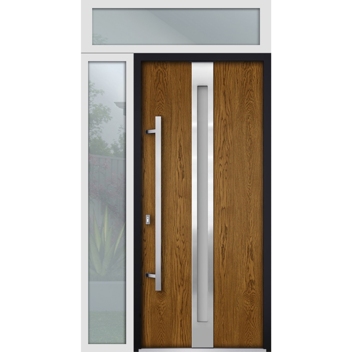Front Exterior Prehung Steel Door / Deux 1744 Natural Oak / Sidelight and Transom White Window / Stainless Inserts Single Modern Painted-W36+12" x H80+16"-Right-hand Outswing Oak