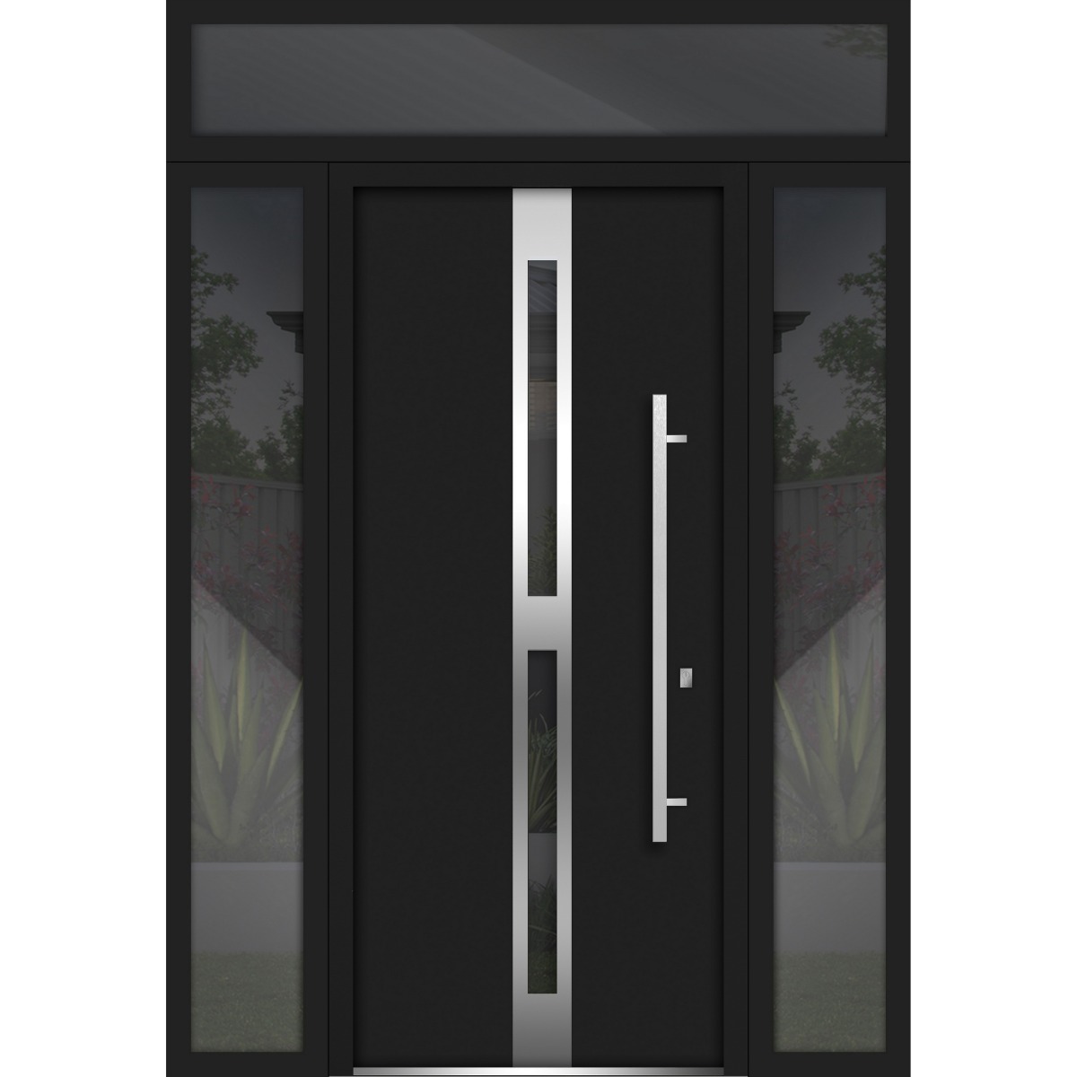 Front Exterior Prehung Steel Door / Deux 1755 Black Enamel / 2 Sidelight and Transom Window / Stainless Inserts Single Modern Painted-W16+36+16" x H80+16"-Left-hand Inswing Black