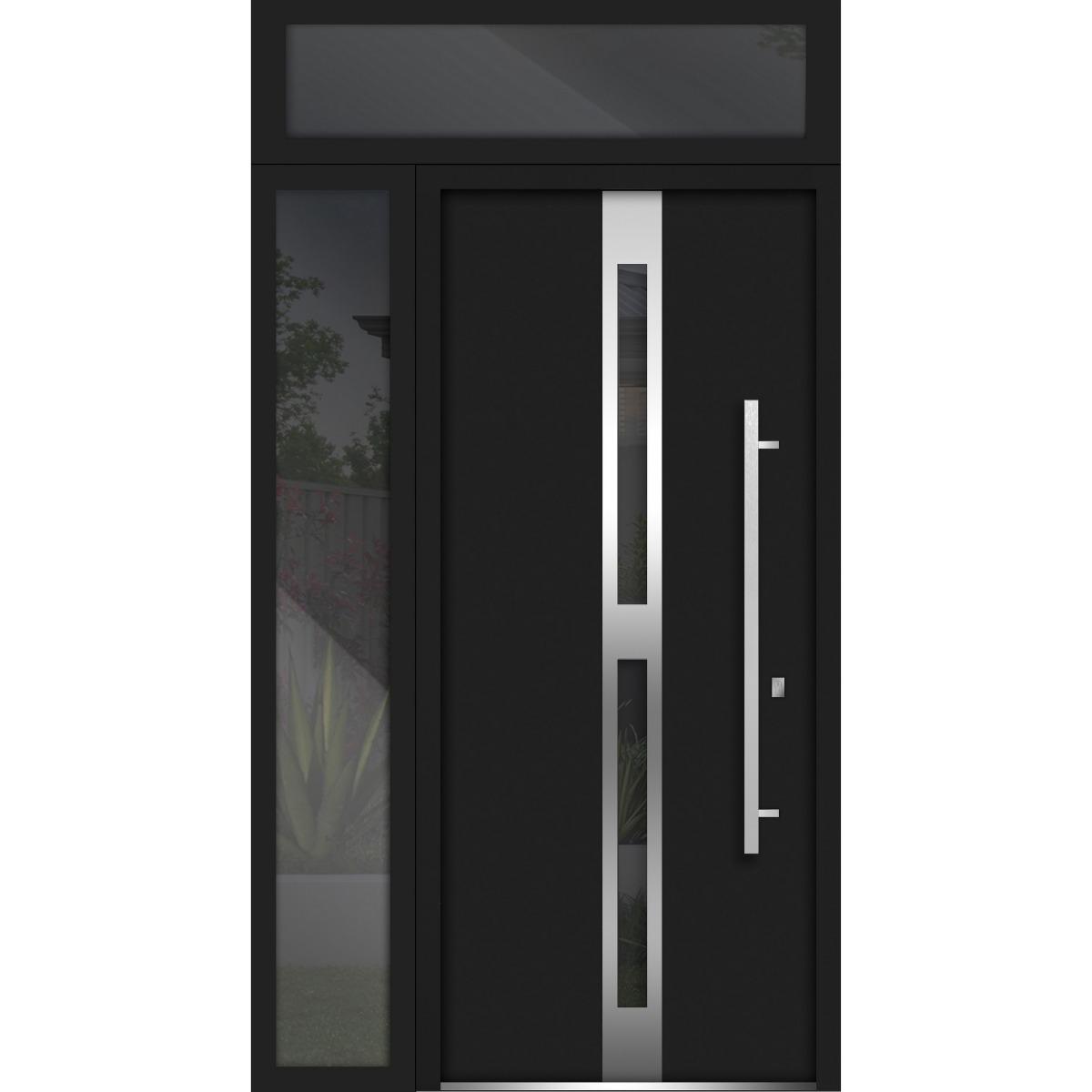 Front Exterior Prehung Steel Door / Deux 1755 Black Enamel / Sidelight and Transom Window / Stainless Inserts Single Modern Painted-W36+14" x H80+16"-Left-hand Inswing Black