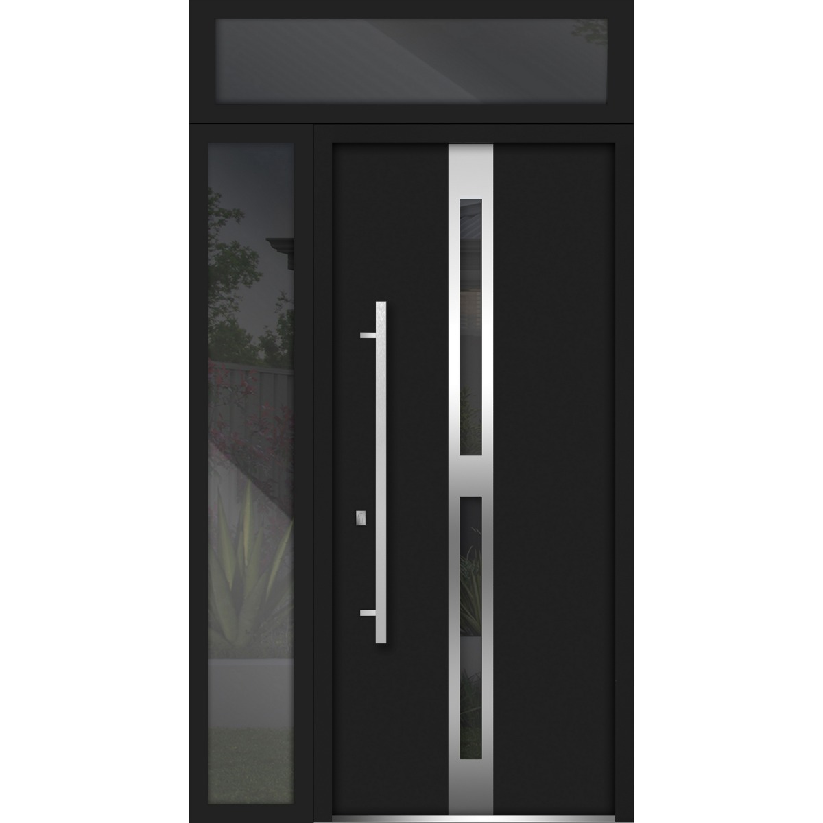 Front Exterior Prehung Steel Door / Deux 1755 Black Enamel / Sidelight and Transom Window / Stainless Inserts Single Modern Painted-W36+16" x H80+16"-Right-hand Inswing Black