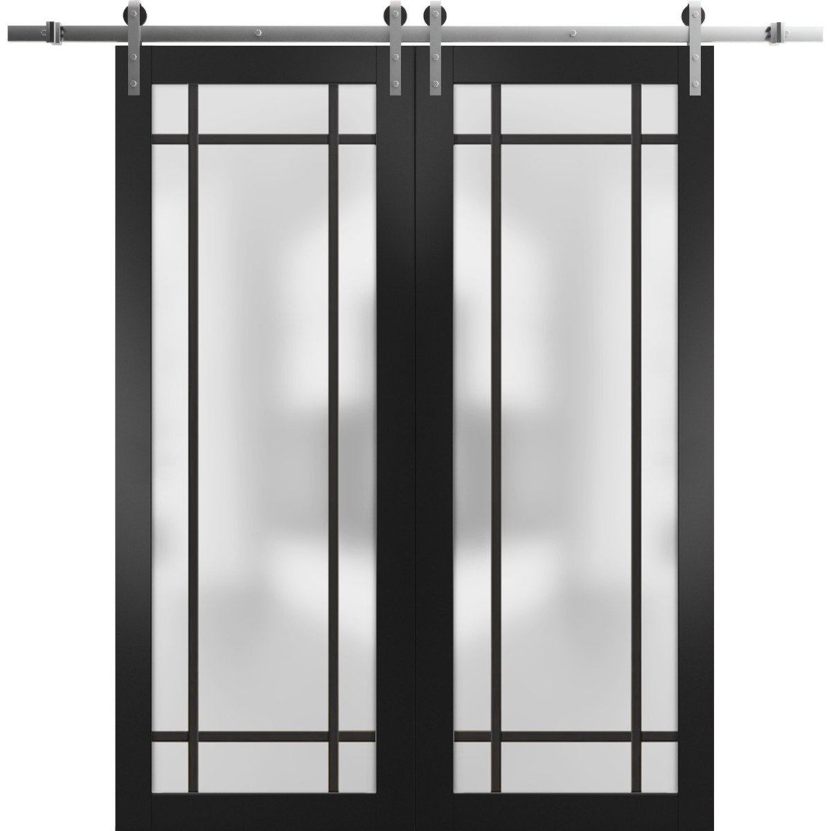 Sturdy Double Barn Door with Frosted Glass | Planum 2112 Chocolate Ash and Aluminum Strips | 13FT Silver Rail Hangers Heavy Set | Modern Solid Panel Interior Doors-60" x 84" (2* 30x84) Black Matte