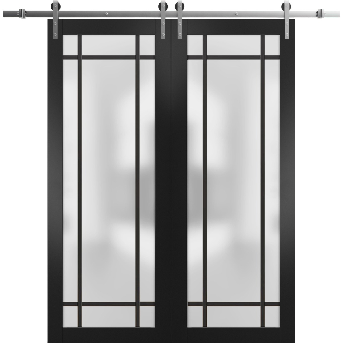 Sturdy Double Barn Door with Frosted Glass | Planum 2112 Matte Black and Aluminum Strips | 13FT Silver Rail Hangers Heavy Set | Modern Solid Panel Interior Doors  -84" x 96" (2* 42x96) Black Matte